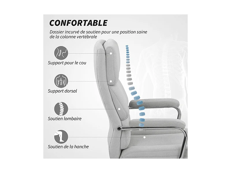 Fauteuil de bureau design acier chromé MILAN lin gris clair