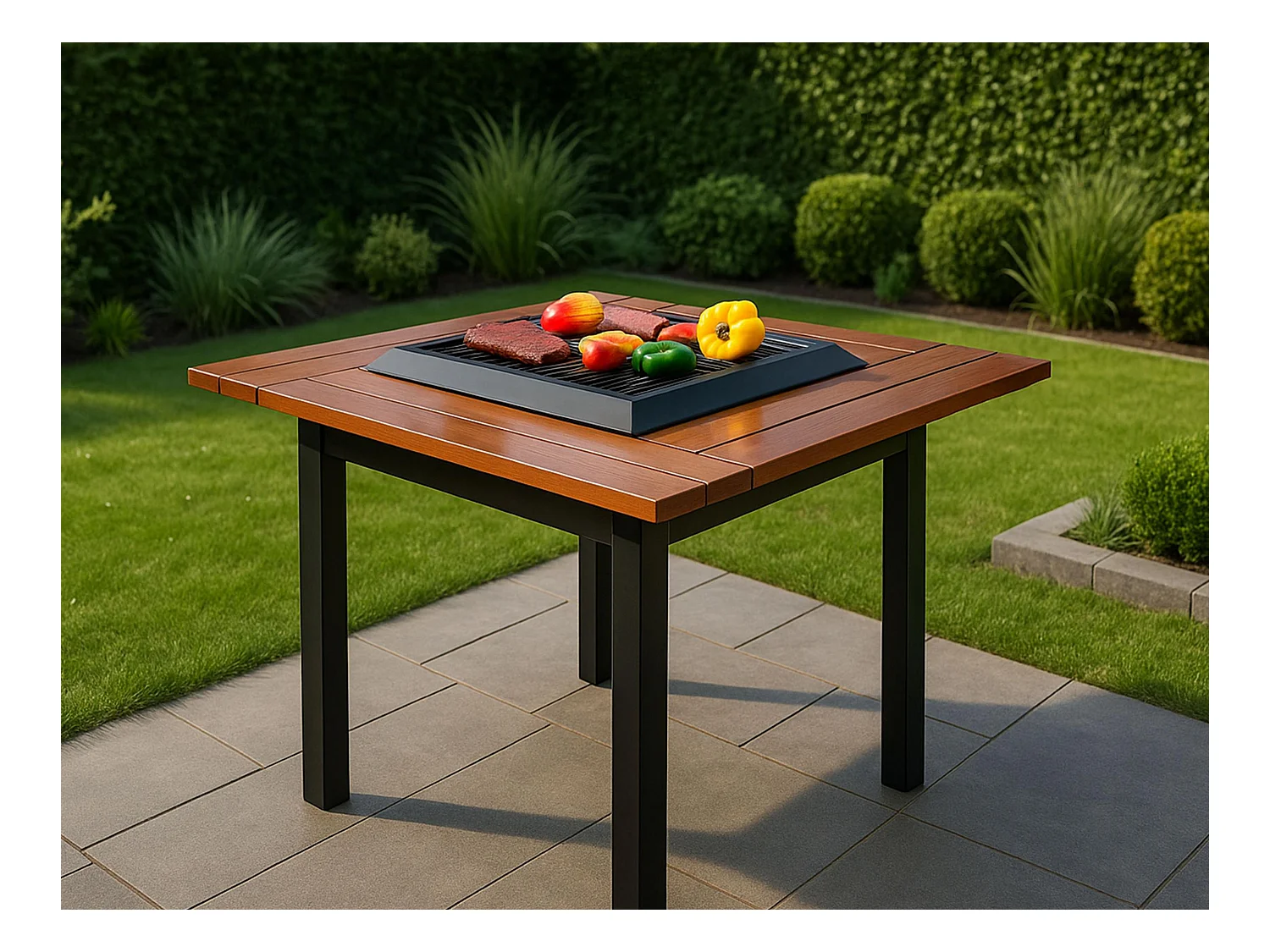 Table de barbecue avec gril et plateau en bois