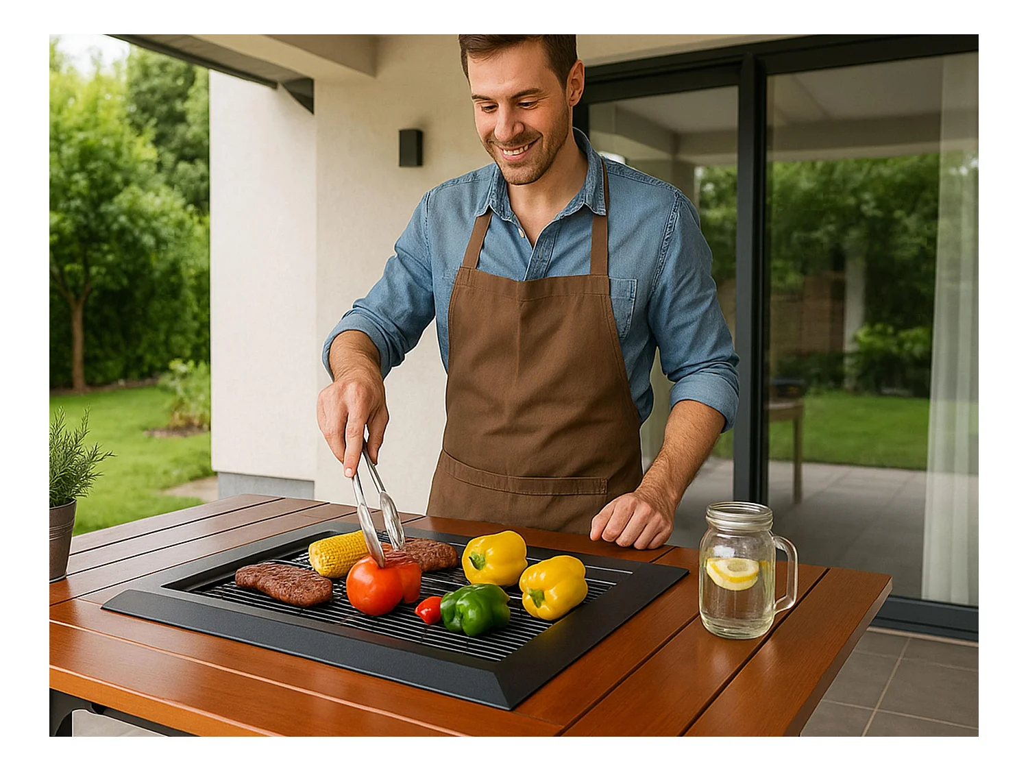 Table de barbecue avec gril et plateau en bois