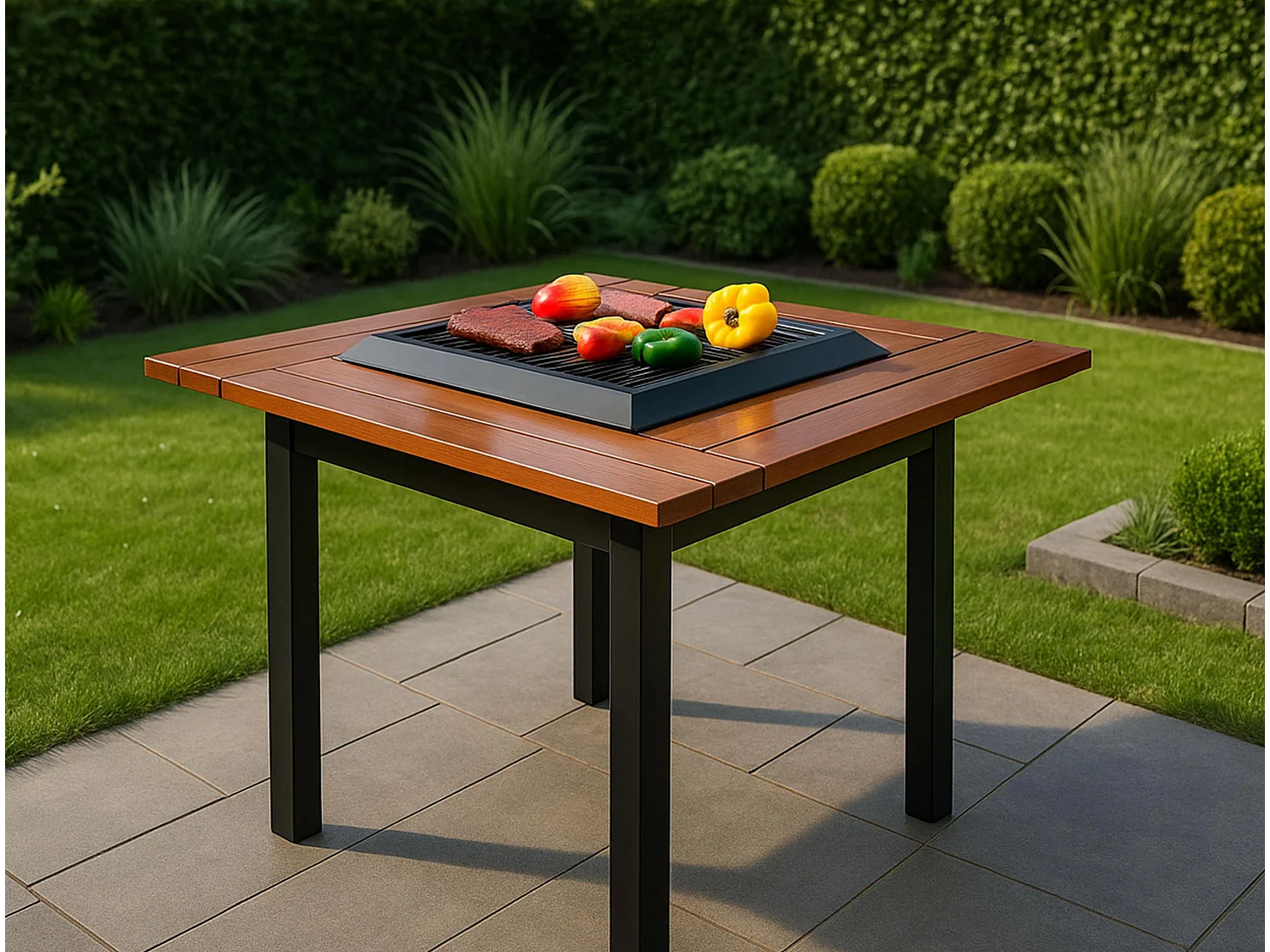 Mesa de churrasco com grelhador e tampo de madeira