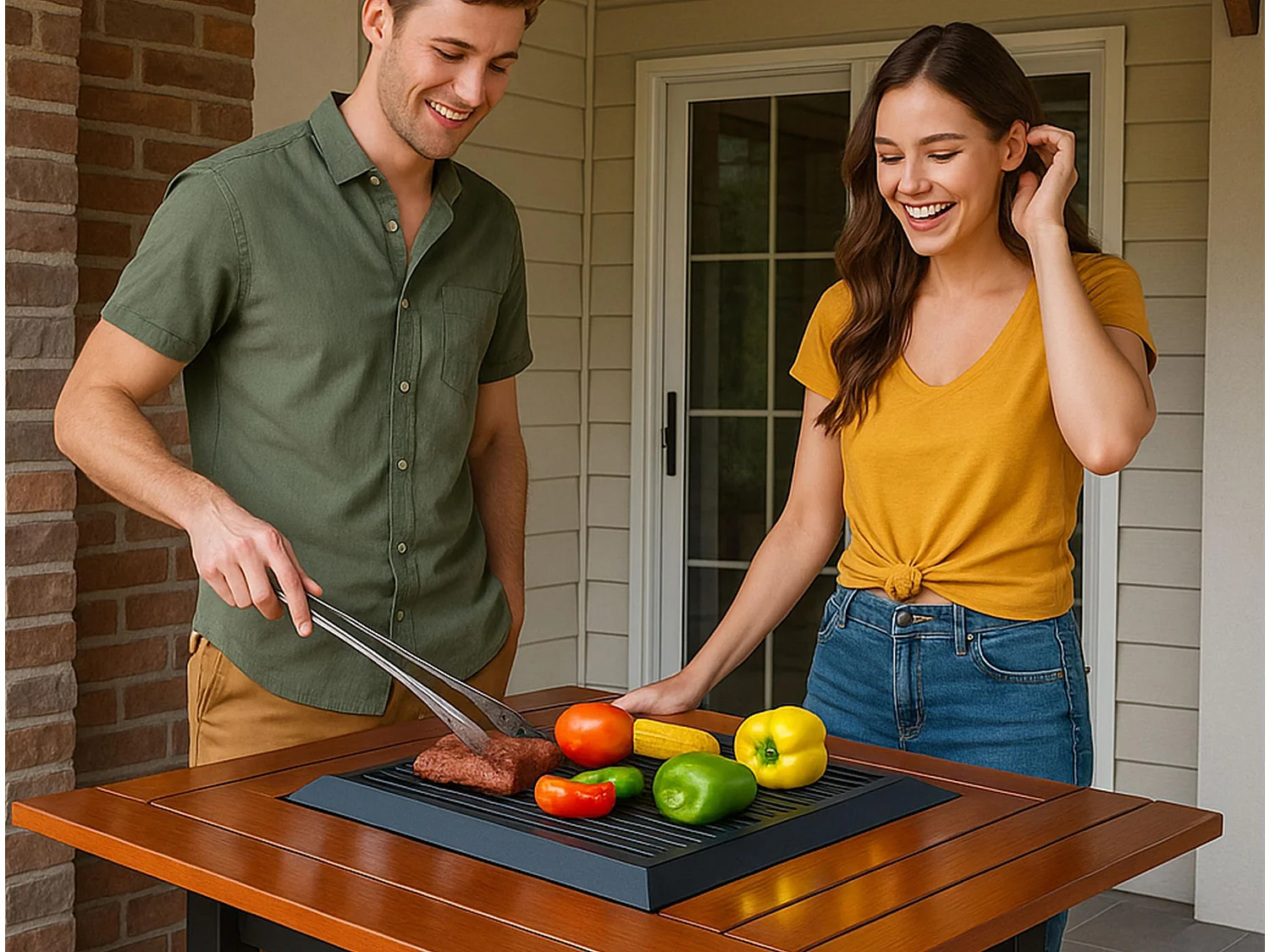 Mesa de churrasco com grelhador e tampo de madeira