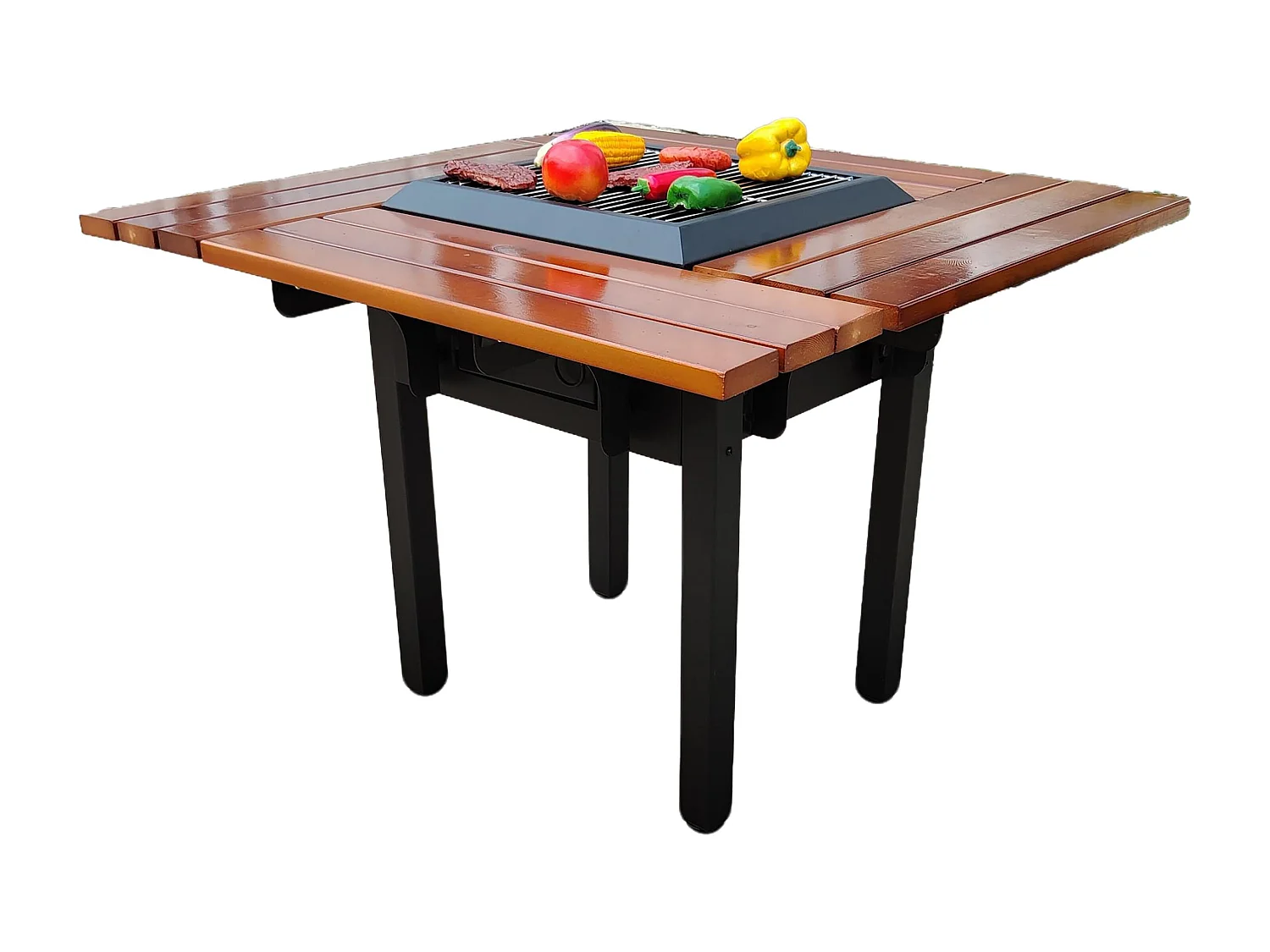 Mesa de churrasco com grelhador e tampo de madeira