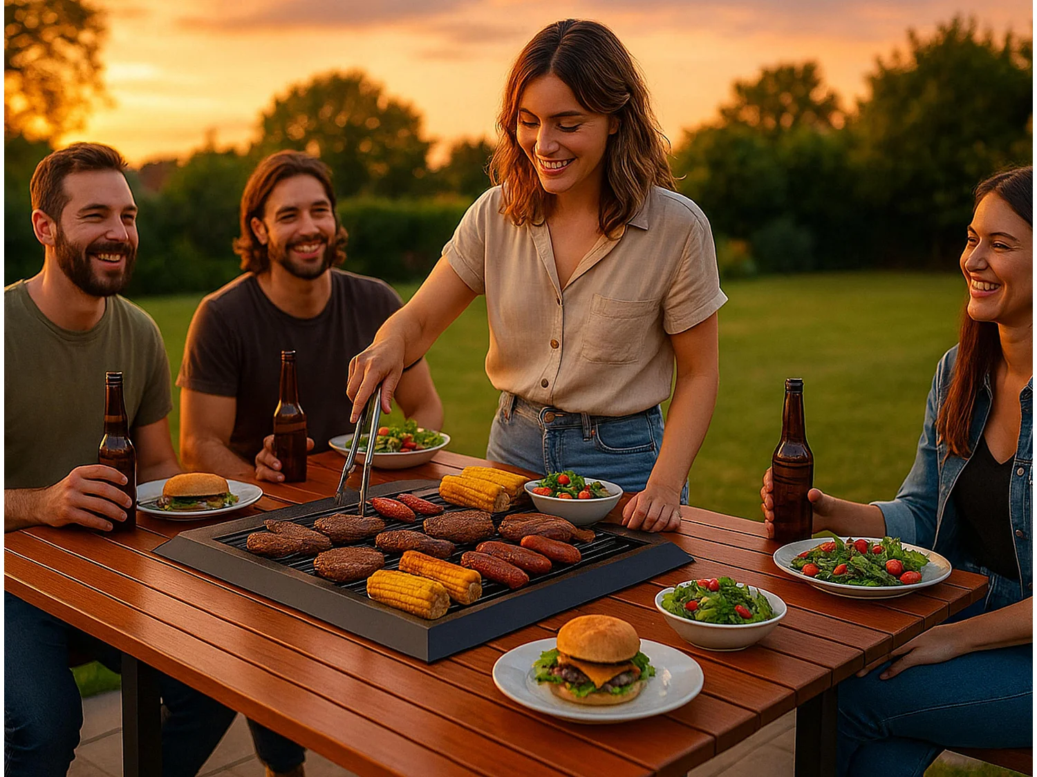 Mesa de churrasco com grelhador e tampo de madeira