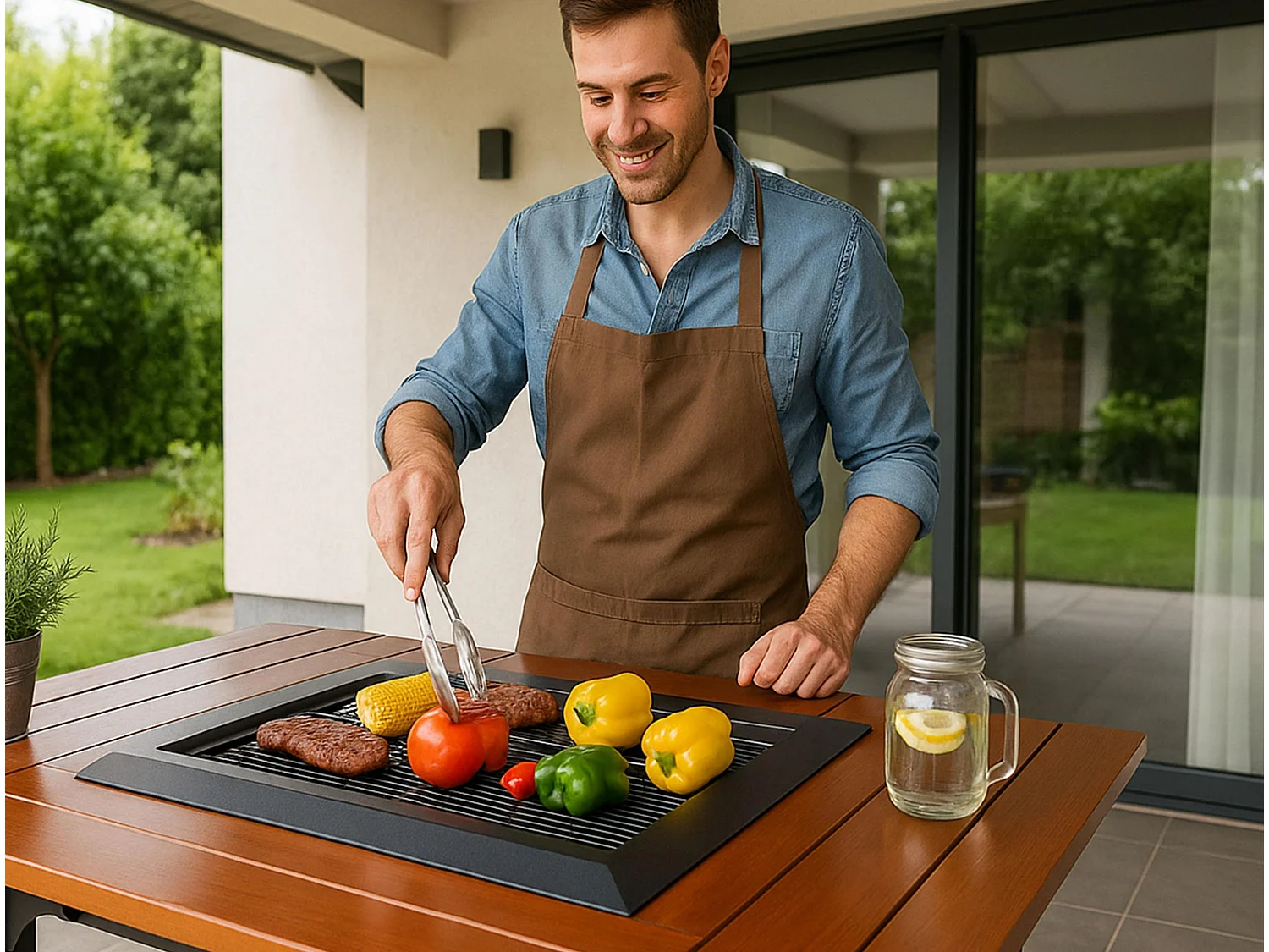 Table de barbecue avec gril et plateau en bois