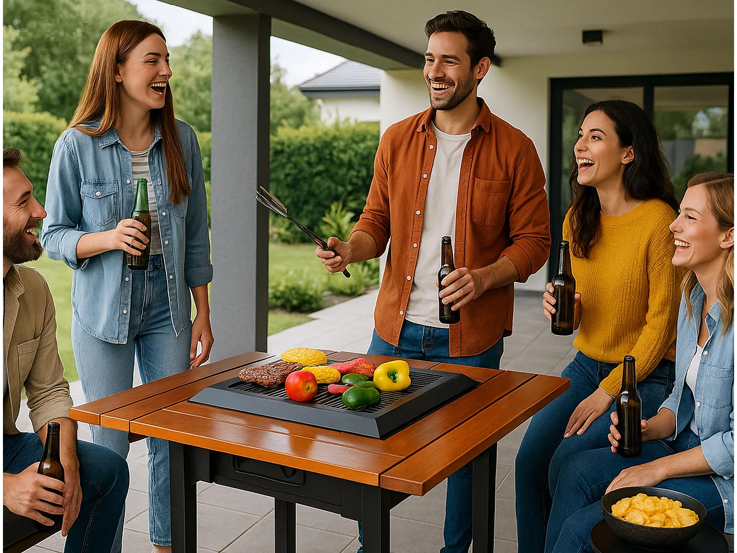 Table de barbecue avec gril et plateau en bois