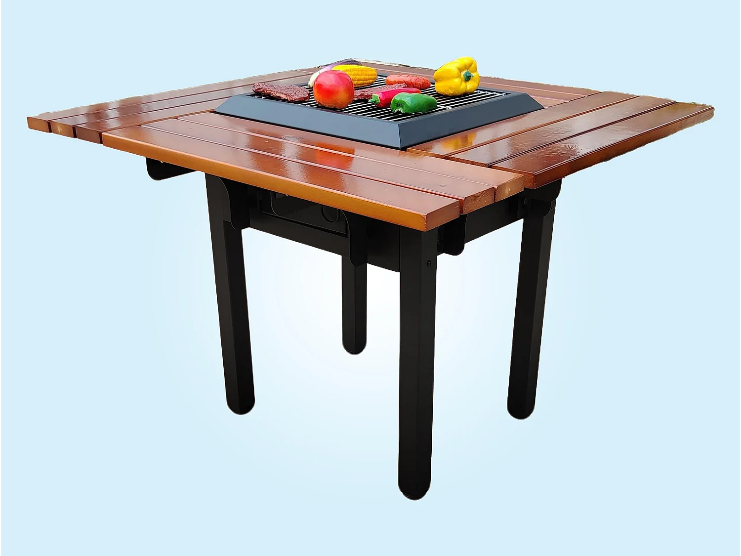 Barbecuetafel met grill en houten tafelblad