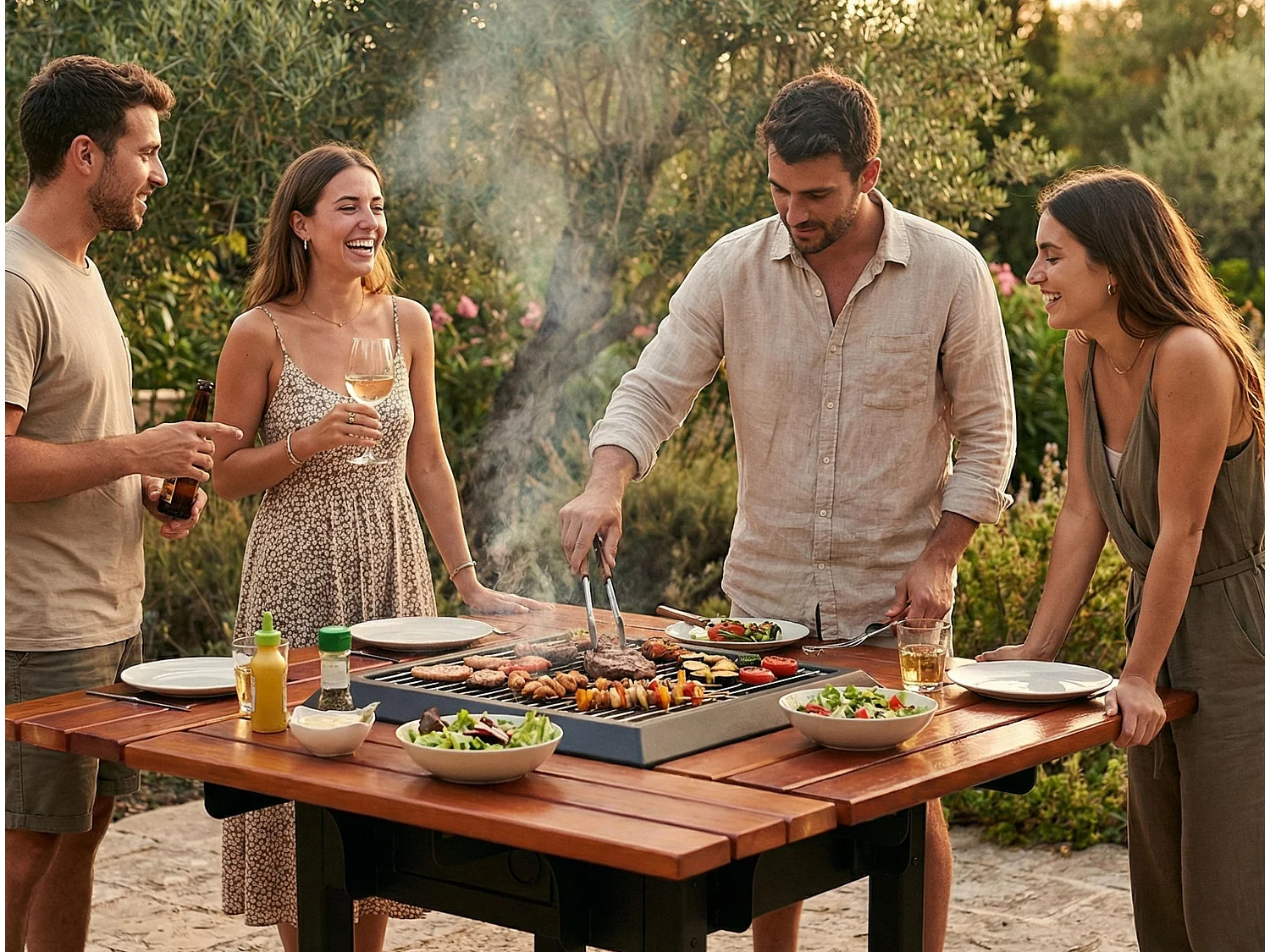 Barbecuetafel met grill en houten tafelblad