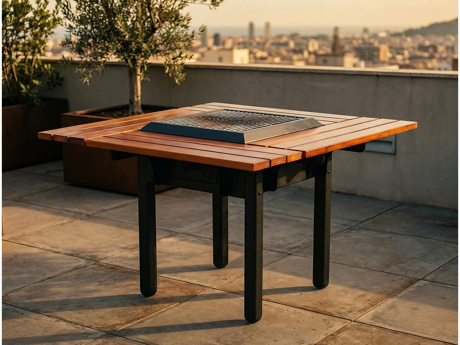 Barbecuetafel met grill en houten tafelblad