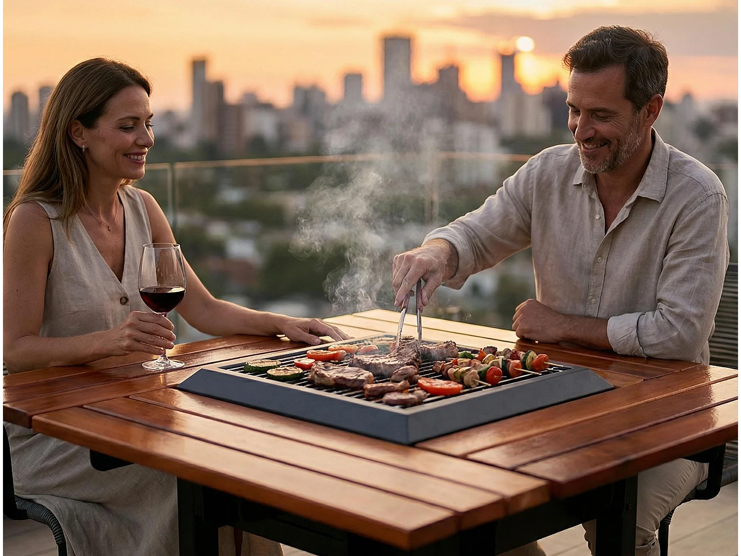 Barbecuetafel met grill en houten tafelblad