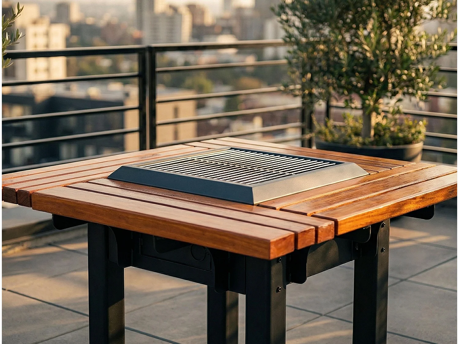 Barbecuetafel met grill en houten tafelblad