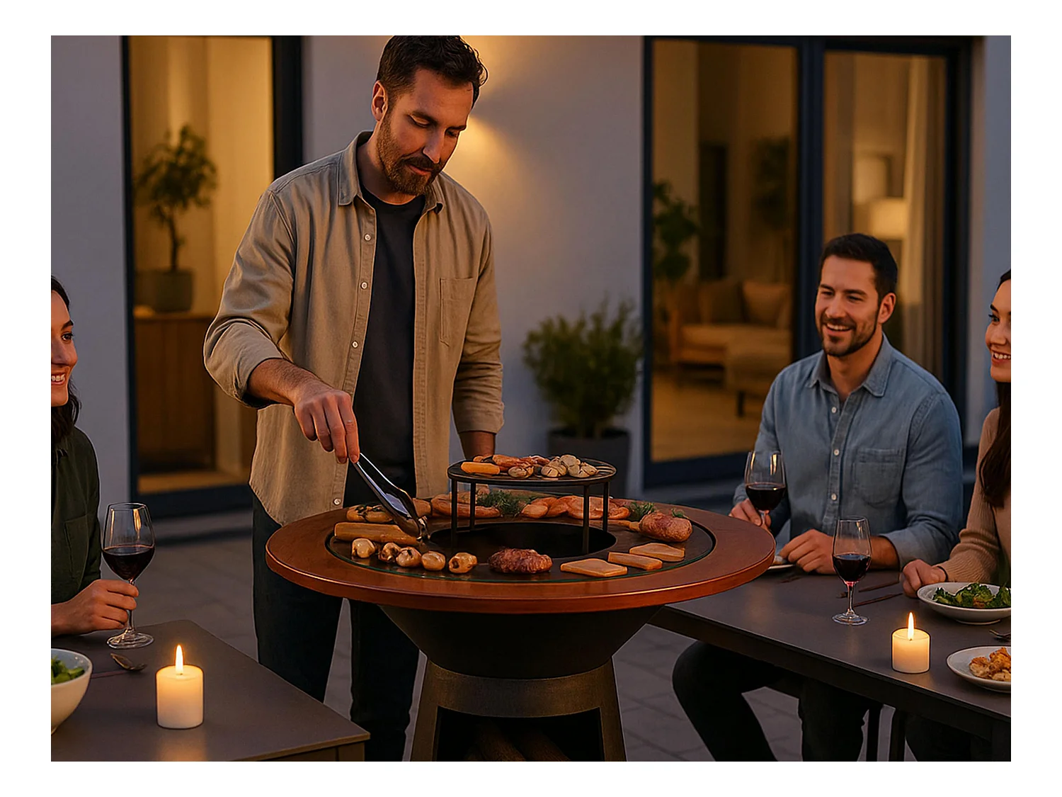 Barbecue rond avec plaque de cuisson et de gril en acier et planche en bois