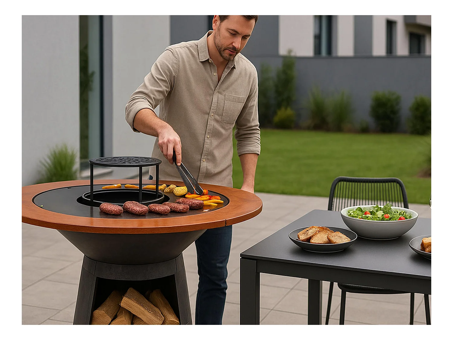 Barbecue rond avec plaque de cuisson et de gril en acier et planche en bois