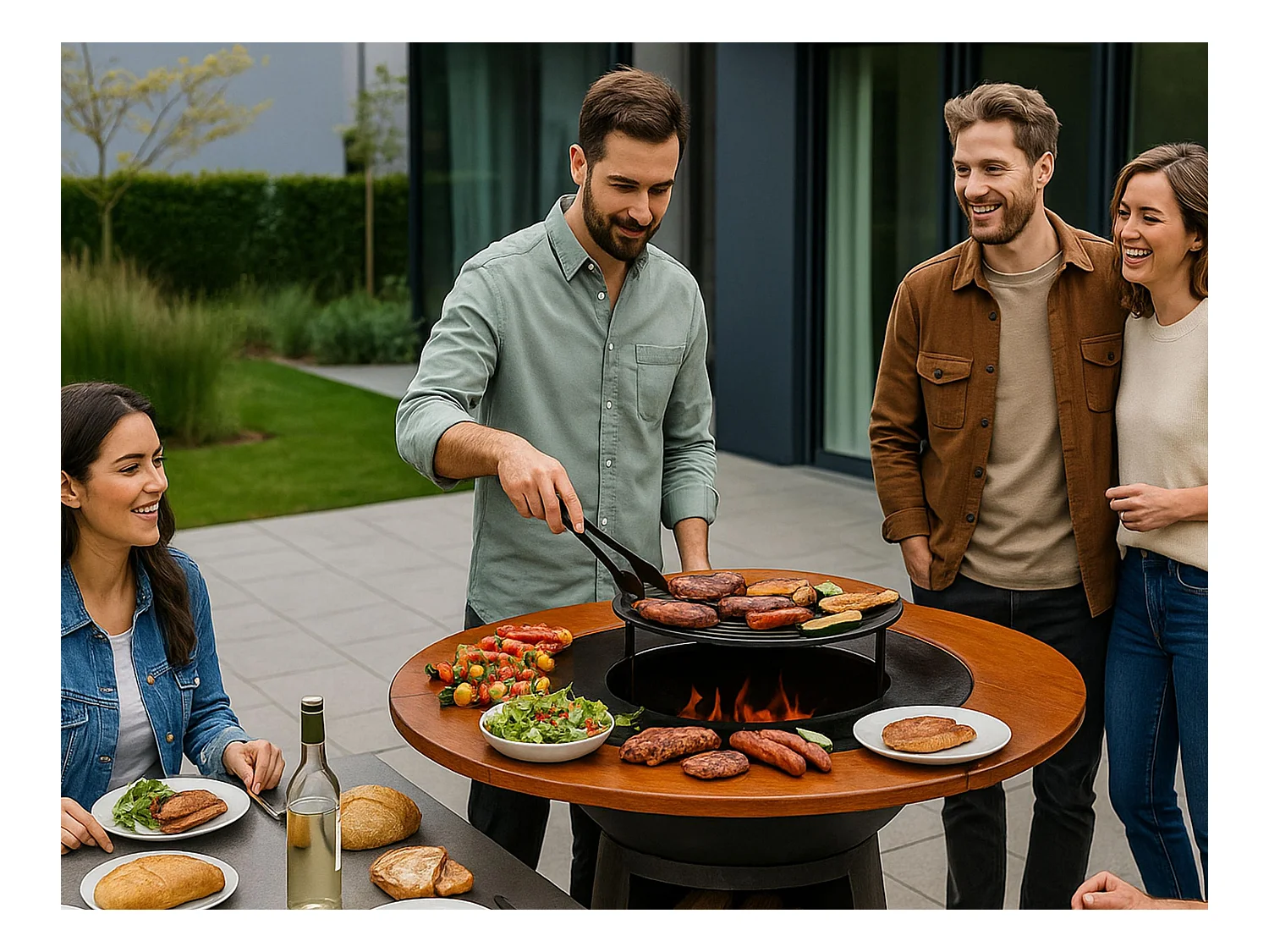 Barbecue rond avec plaque de cuisson et de gril en acier et planche en bois