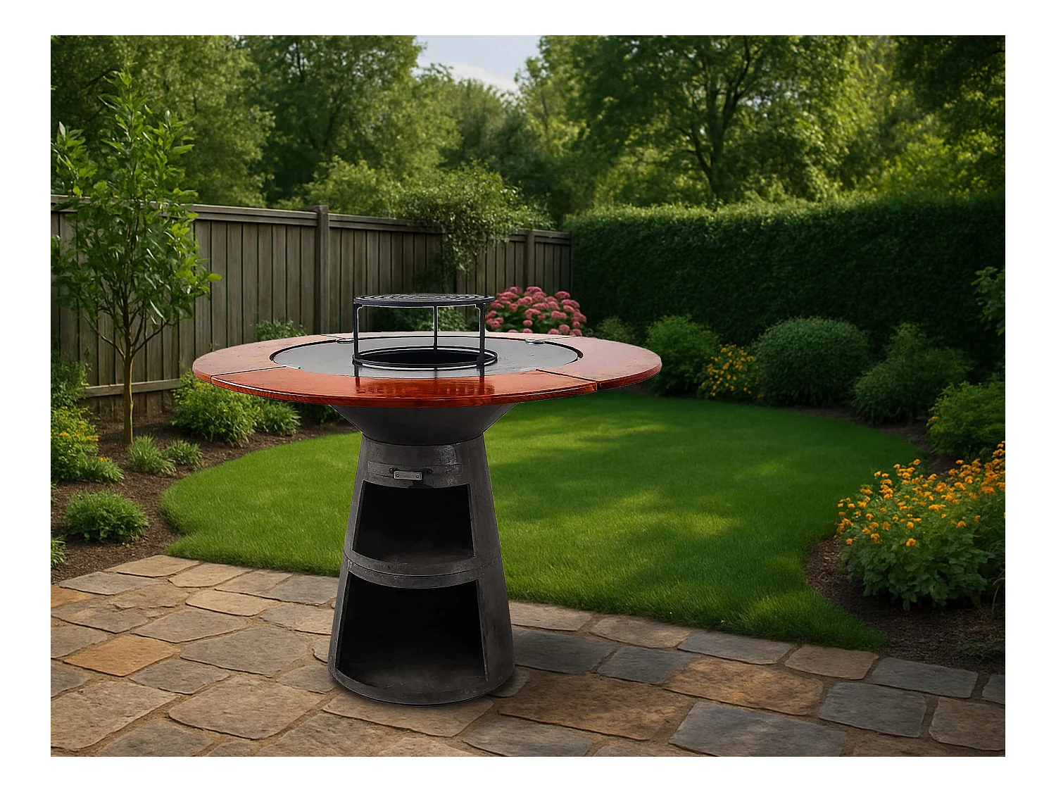 Barbecue rond avec plaque de cuisson et de gril en acier et planche en bois