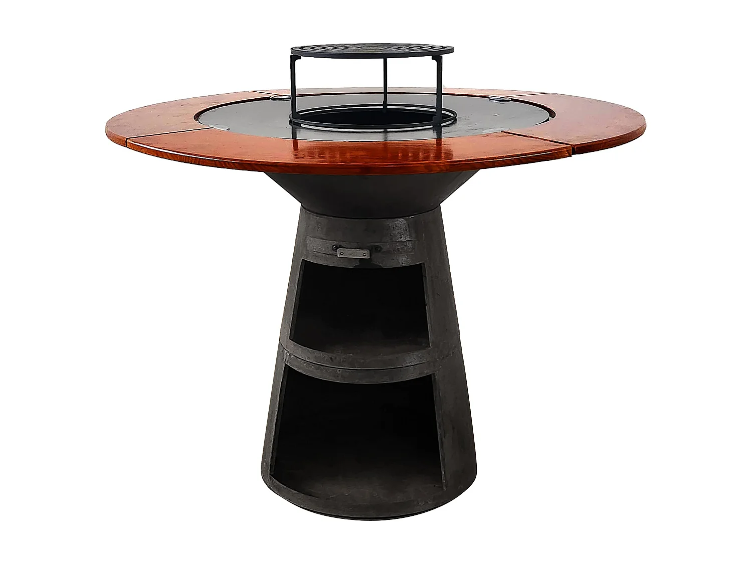 Barbecue rond avec plaque de cuisson et de gril en acier et planche en bois