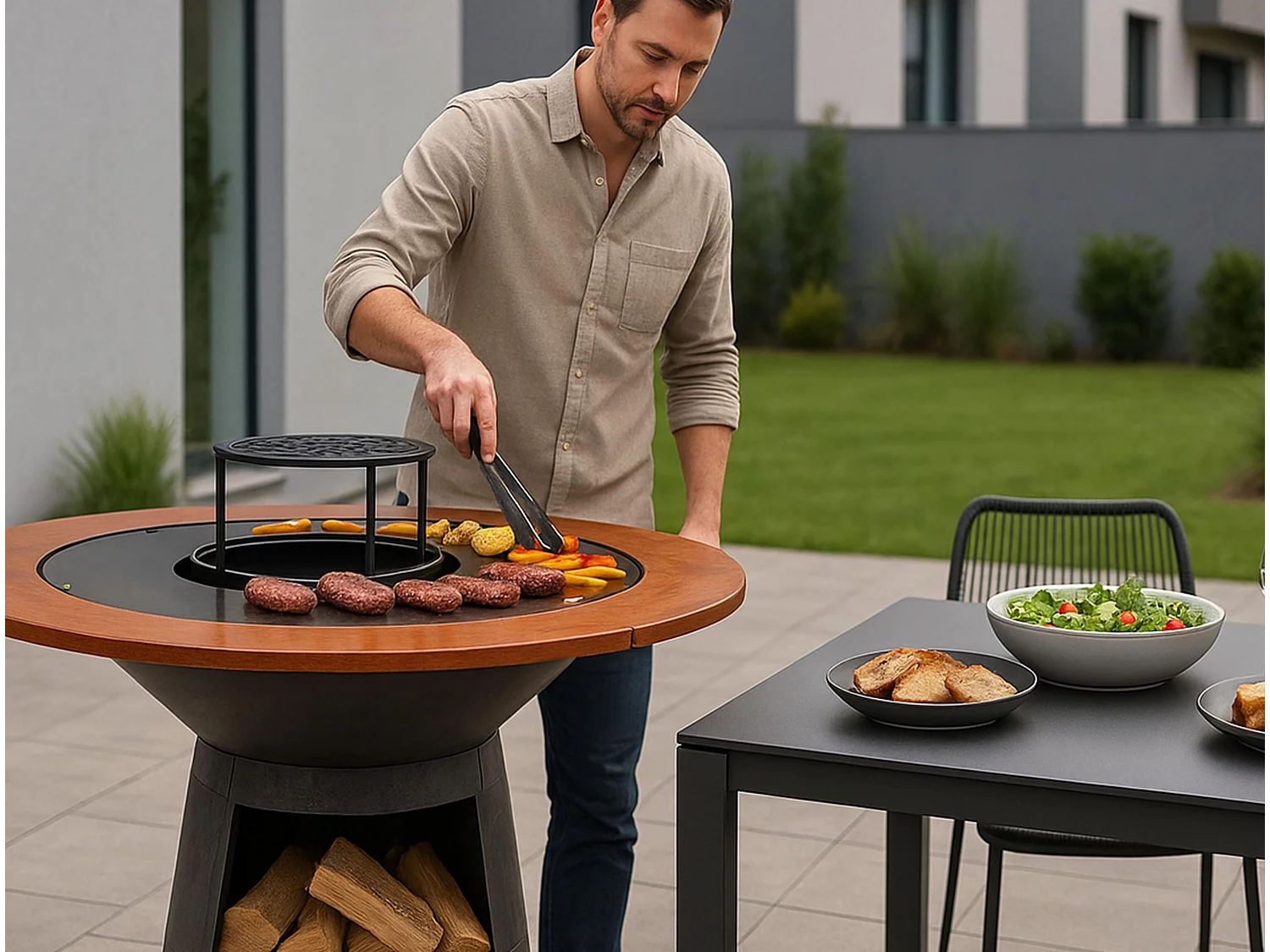 Barbecue rond avec plaque de cuisson et de gril en acier et planche en bois
