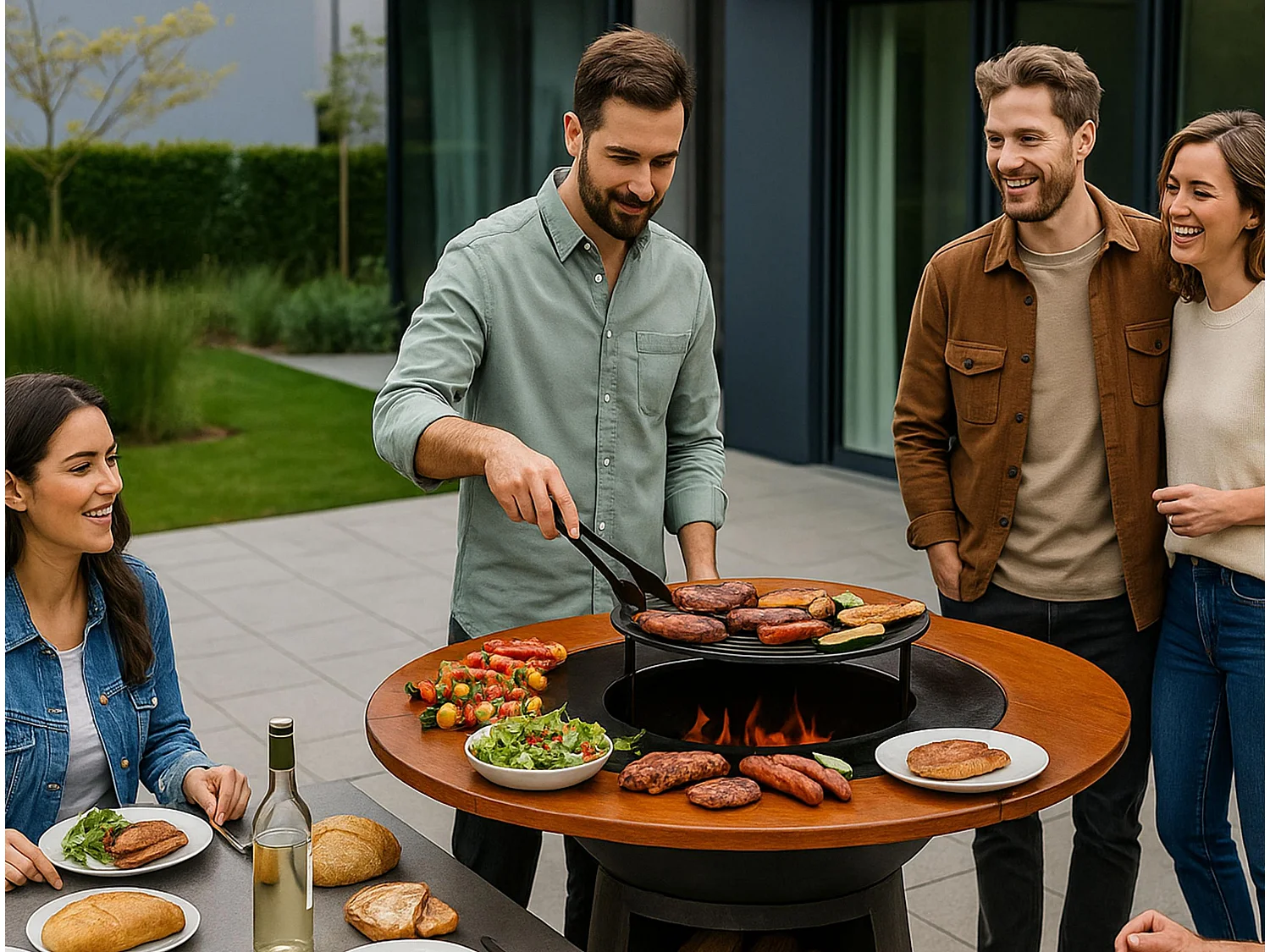 Barbecue rond avec plaque de cuisson et de gril en acier et planche en bois