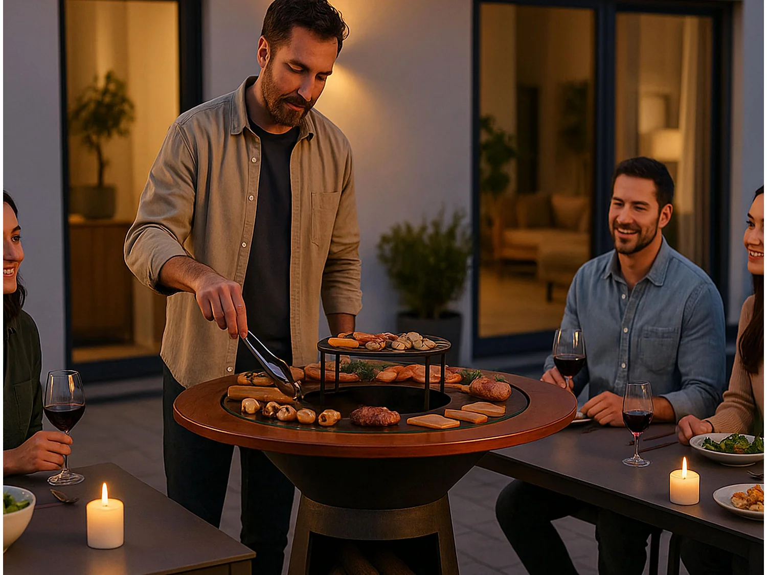 Barbecue rond avec plaque de cuisson et de gril en acier et planche en bois
