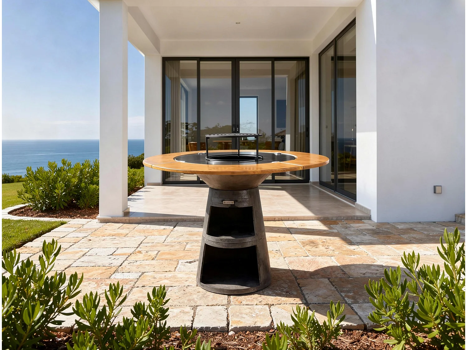 Barbecue rond avec plaque de cuisson et de gril en acier et planche en bois