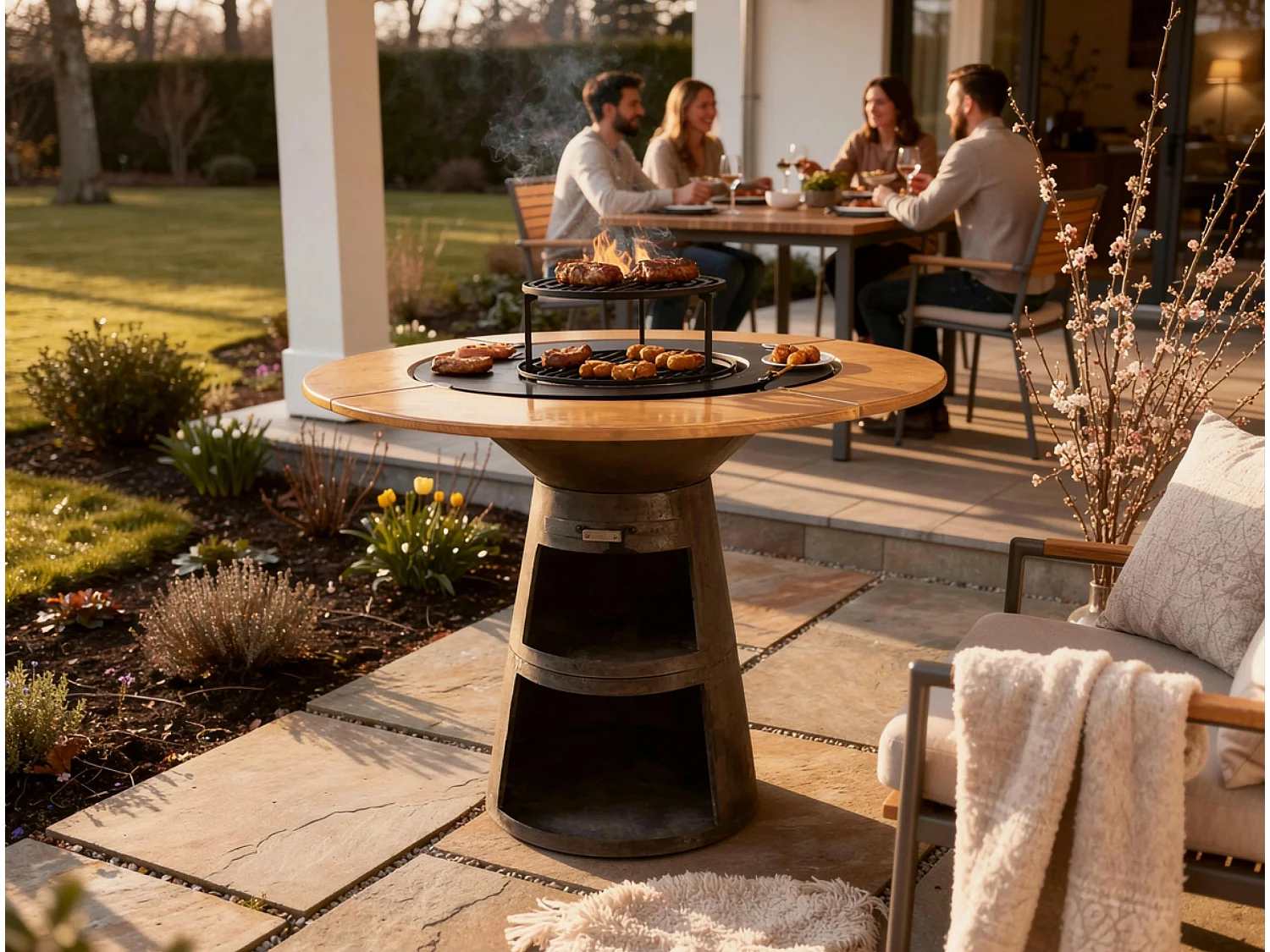 Barbecue rond avec plaque de cuisson et de gril en acier et planche en bois