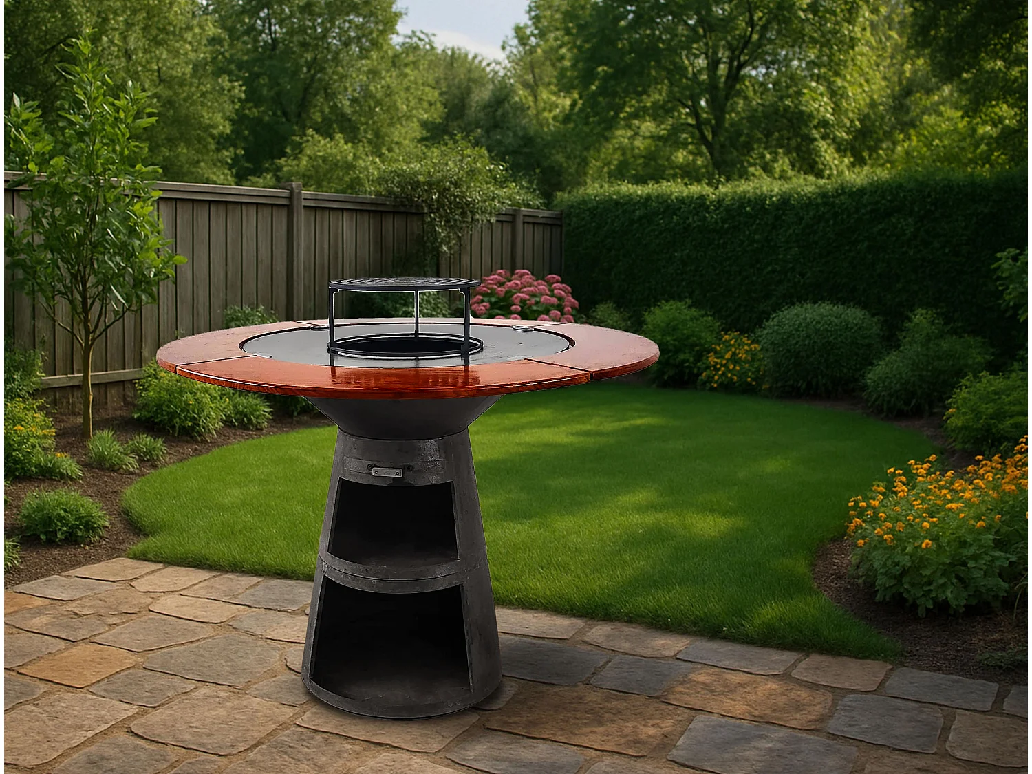Barbecue rond avec plaque de cuisson et de gril en acier et planche en bois