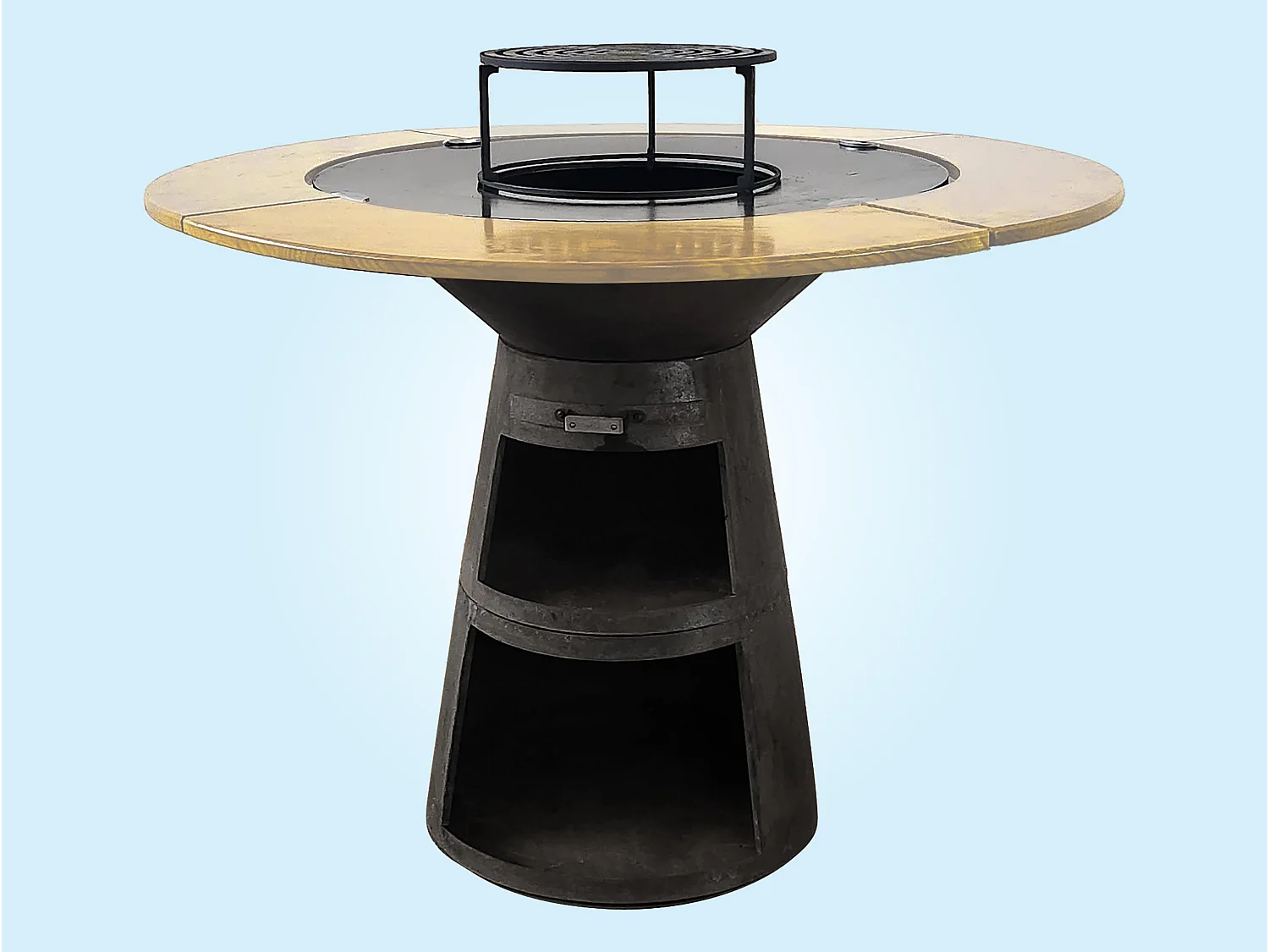 Barbecue rond avec plaque de cuisson et de gril en acier et planche en bois