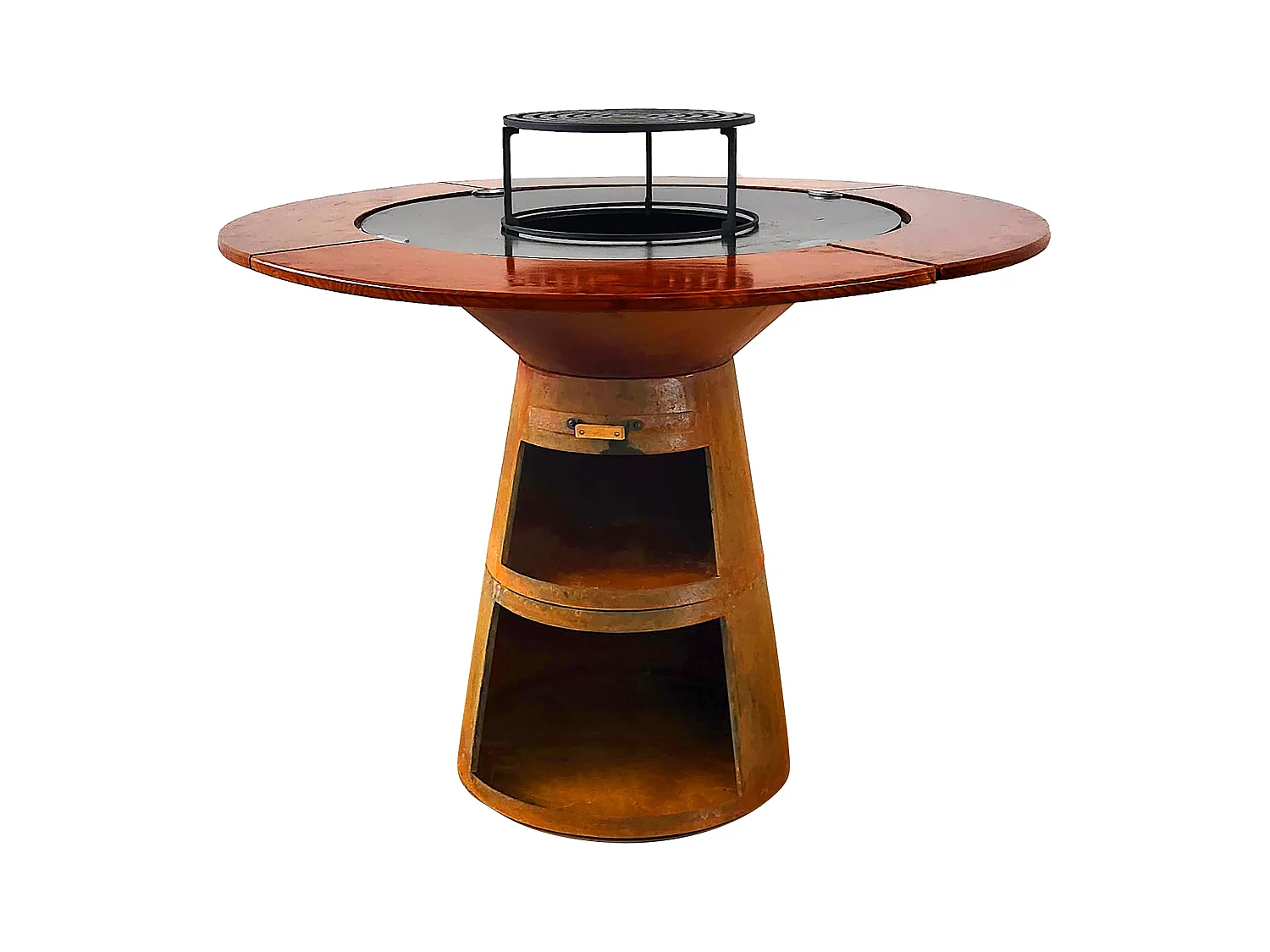 Barbecue rond avec plaque de cuisson et de gril en acier et planche en bois