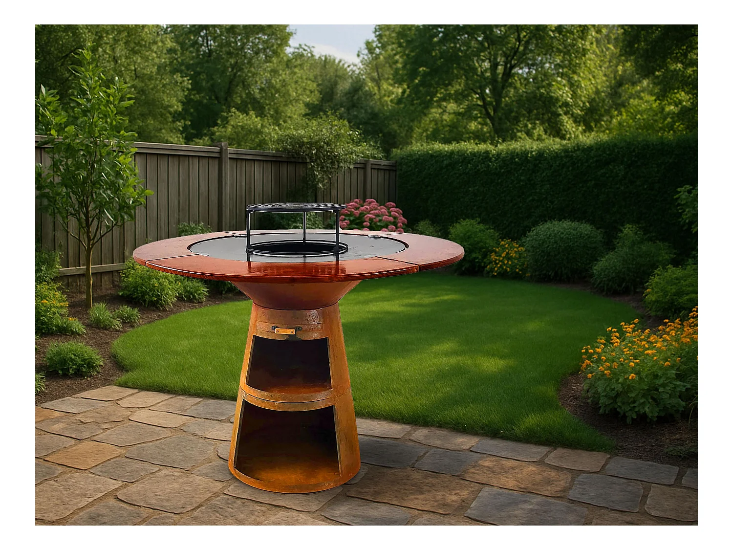 Barbecue rond avec plaque de cuisson et de gril en acier et planche en bois