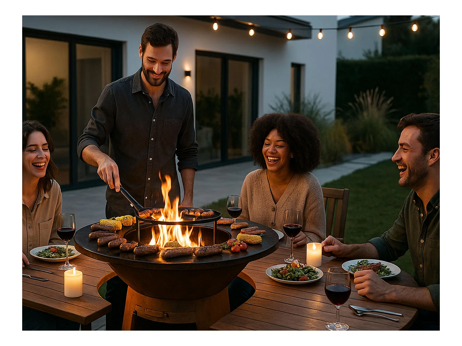 Barbecue rond avec plaque de cuisson et de gril en acier et planche en bois