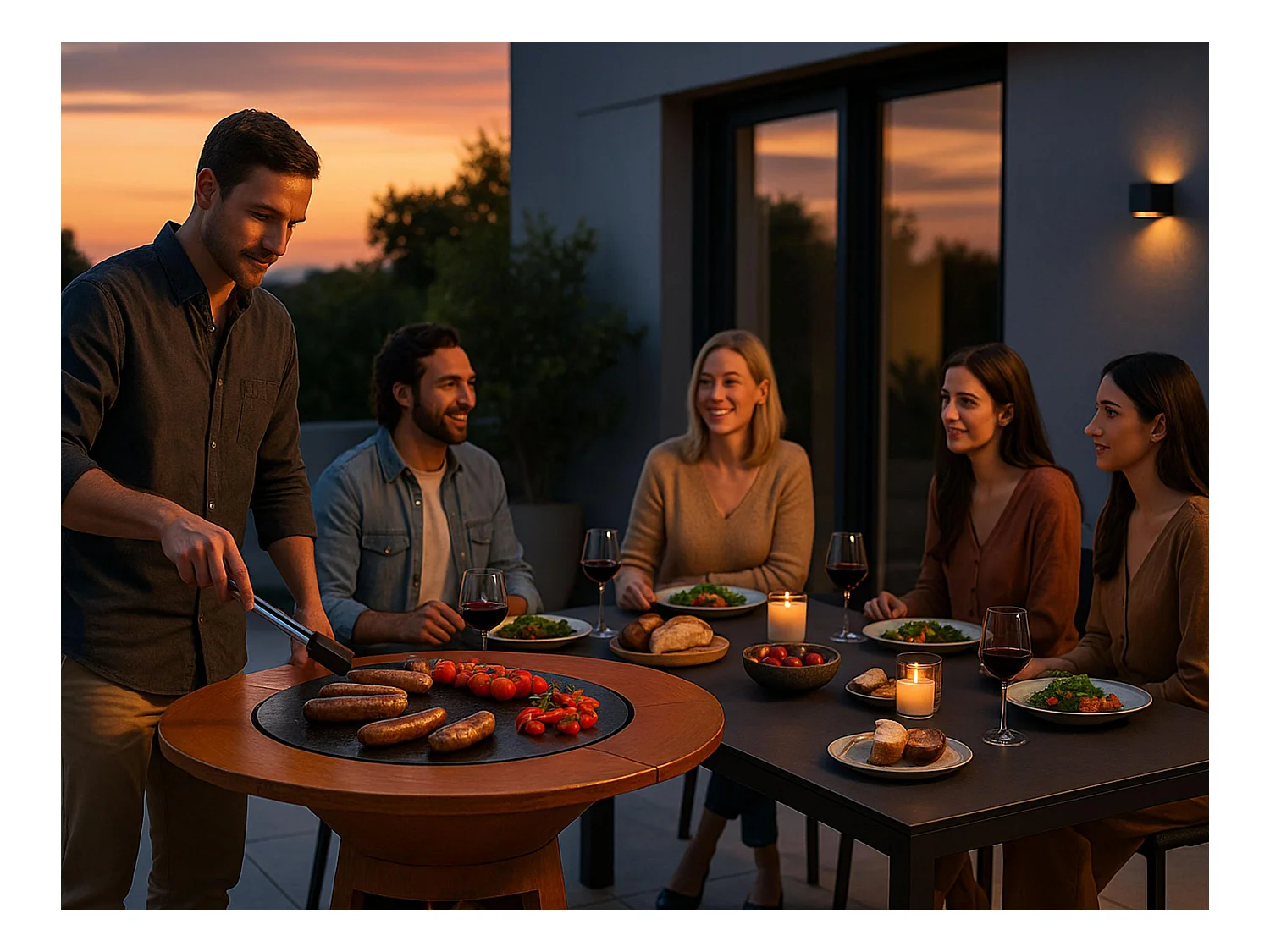 Barbecue rond avec plaque de cuisson et de gril en acier et planche en bois