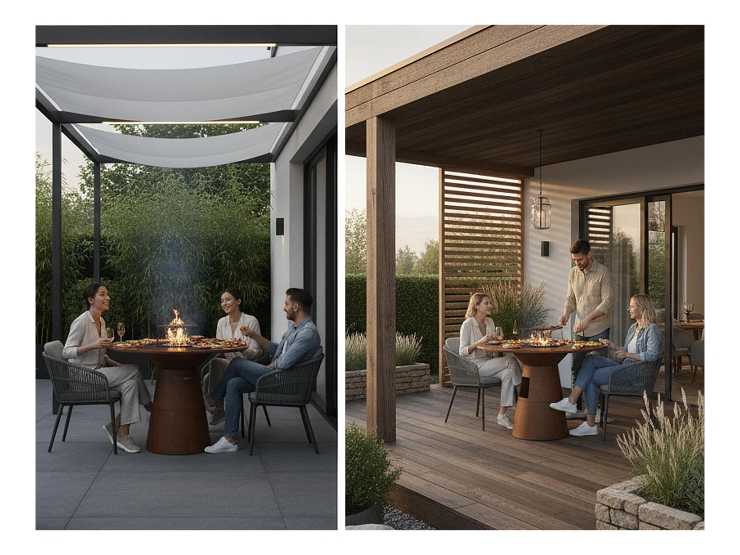 Barbecue rond avec plaque de cuisson et de gril en acier et planche en bois