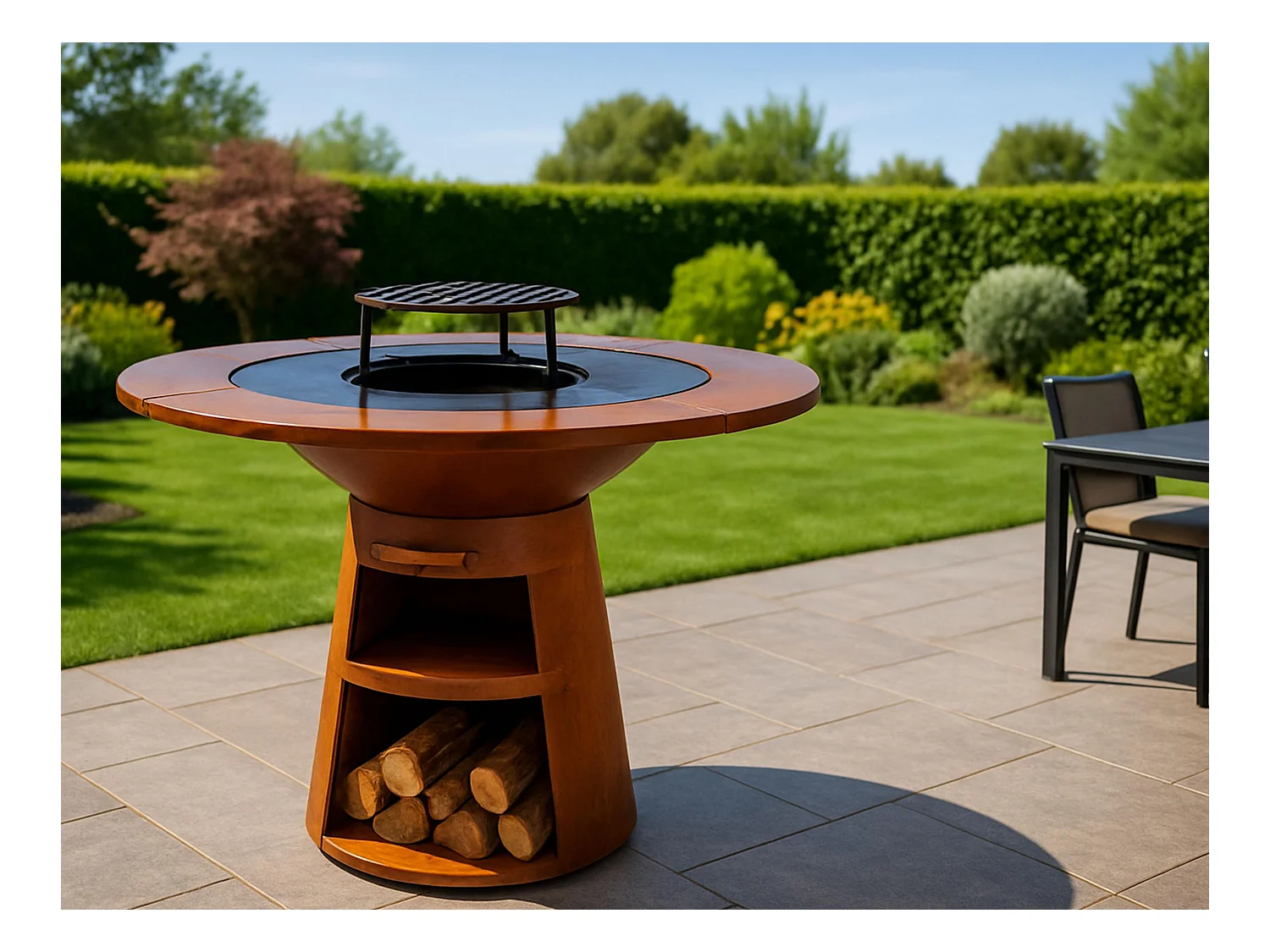 Barbecue rond avec plaque de cuisson et de gril en acier et planche en bois
