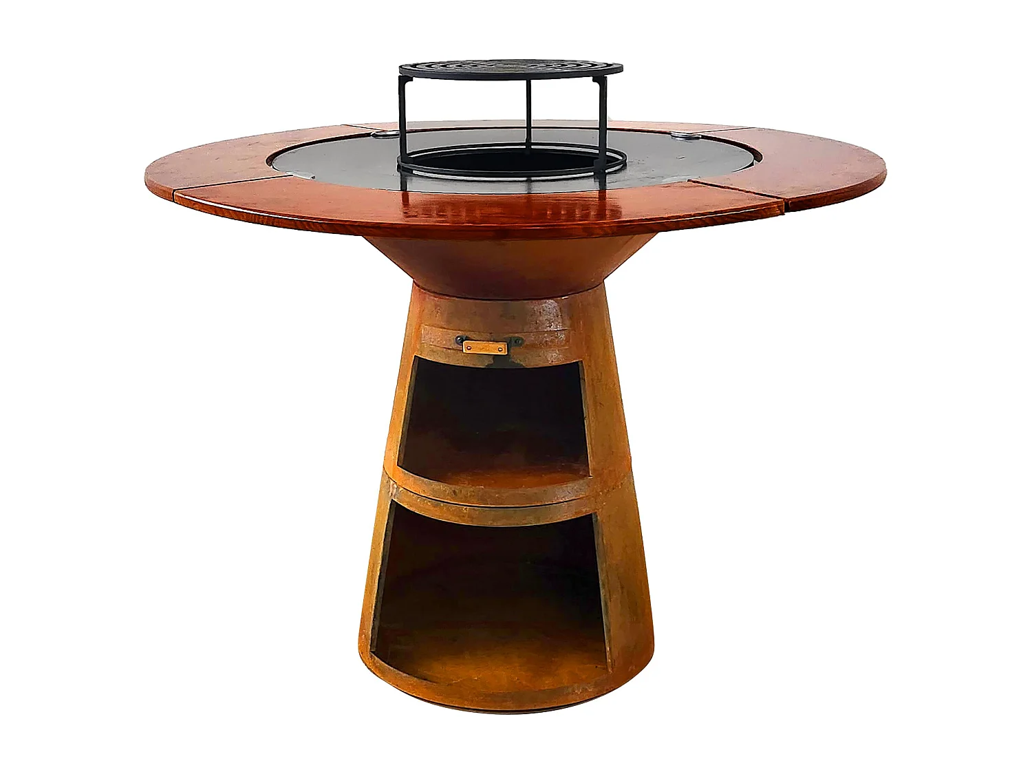 Barbecue rond avec plaque de cuisson et de gril en acier et planche en bois