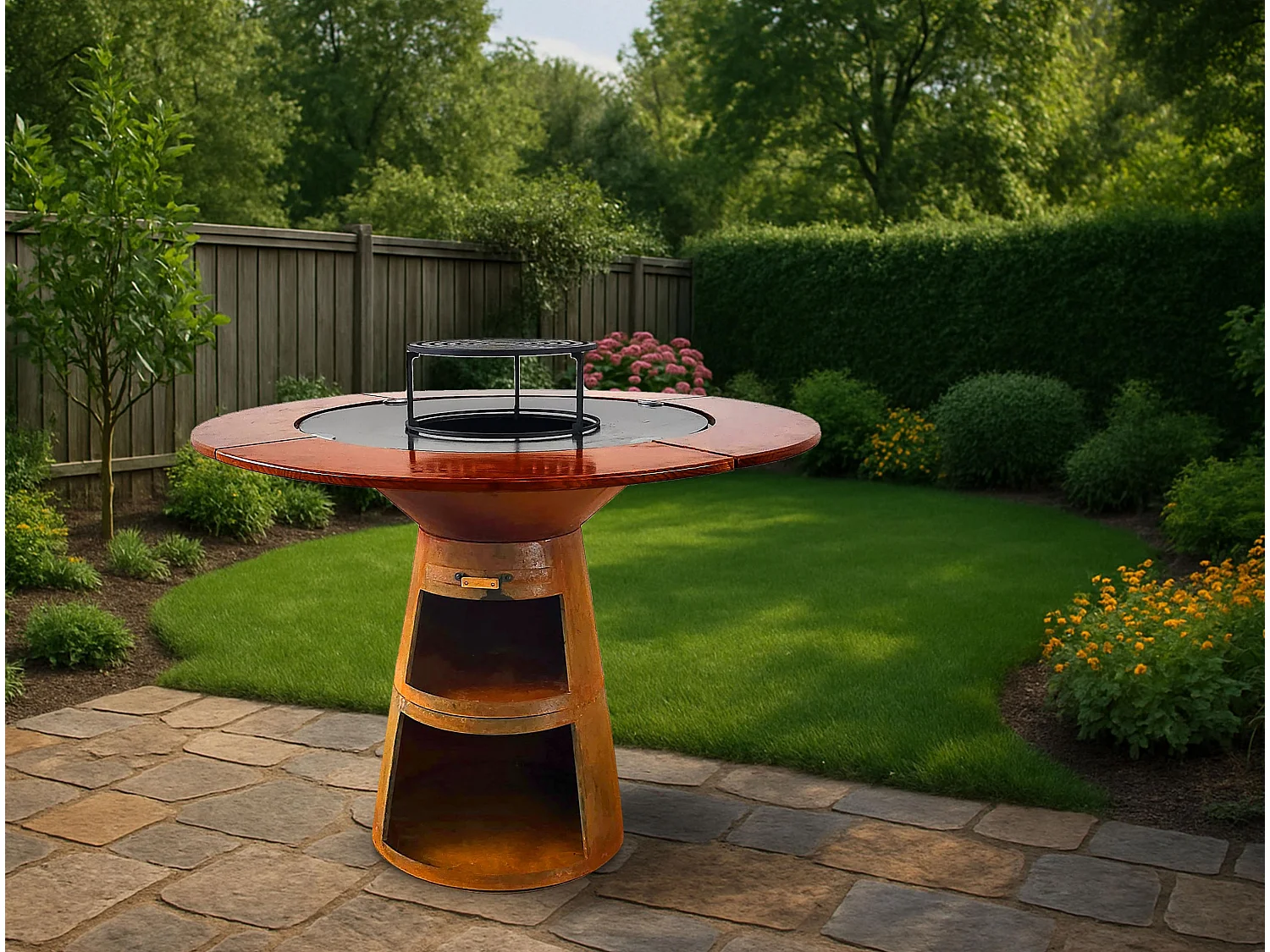 Barbecue rond avec plaque de cuisson et de gril en acier et planche en bois