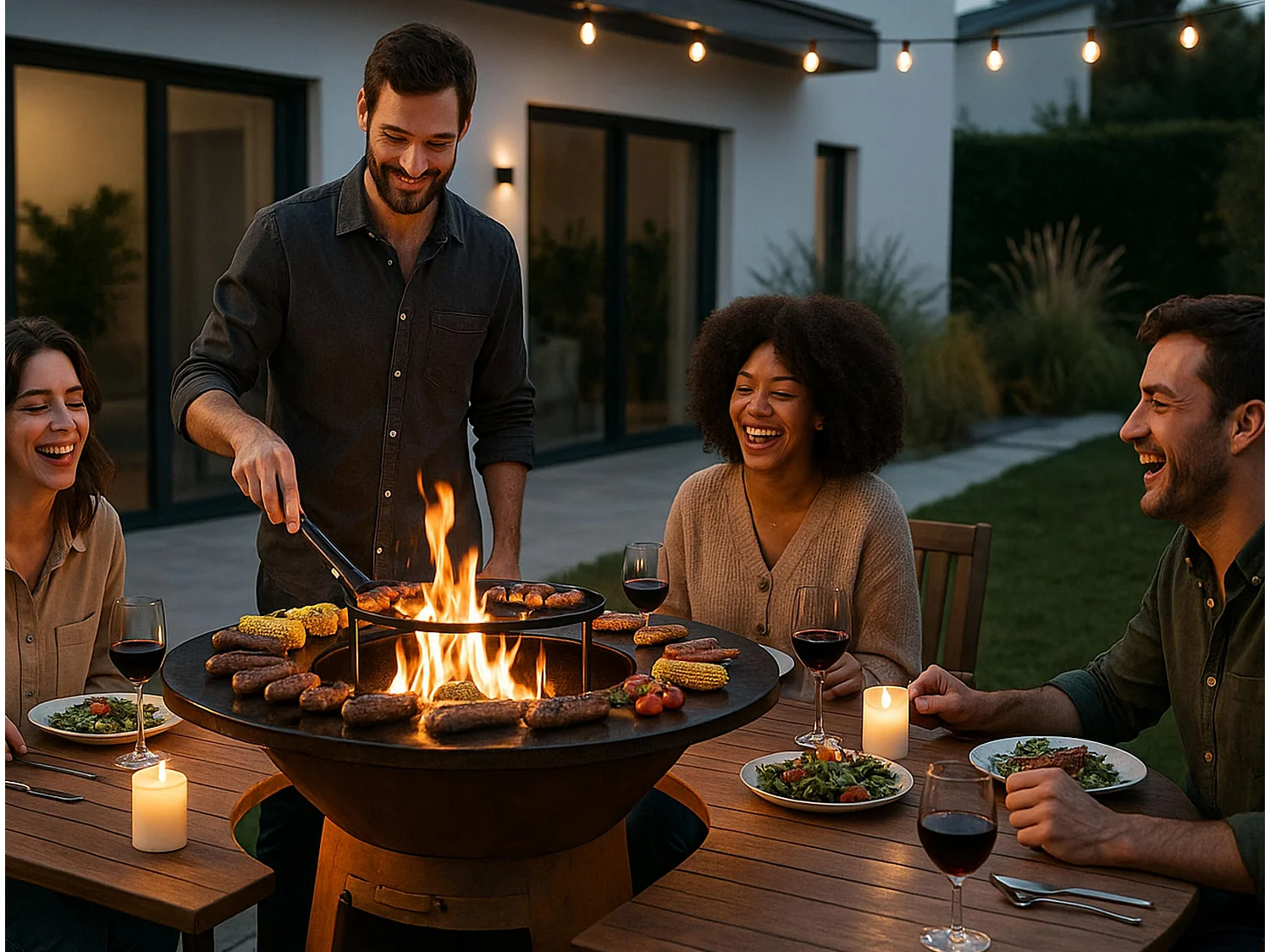 Barbecue rond avec plaque de cuisson et de gril en acier et planche en bois