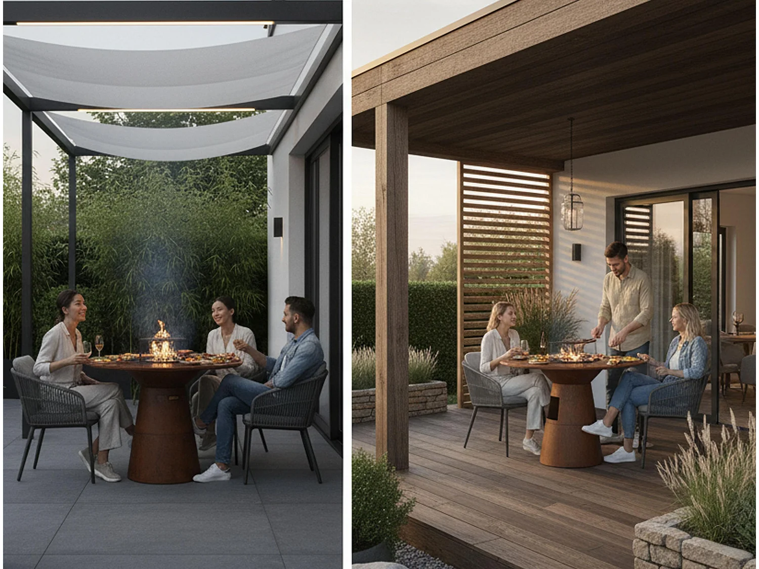 Barbecue rond avec plaque de cuisson et de gril en acier et planche en bois