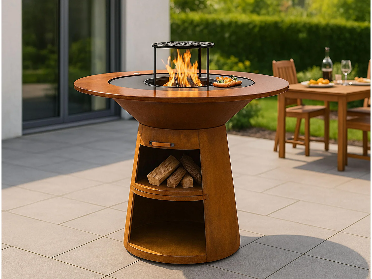 Barbecue rond avec plaque de cuisson et de gril en acier et planche en bois