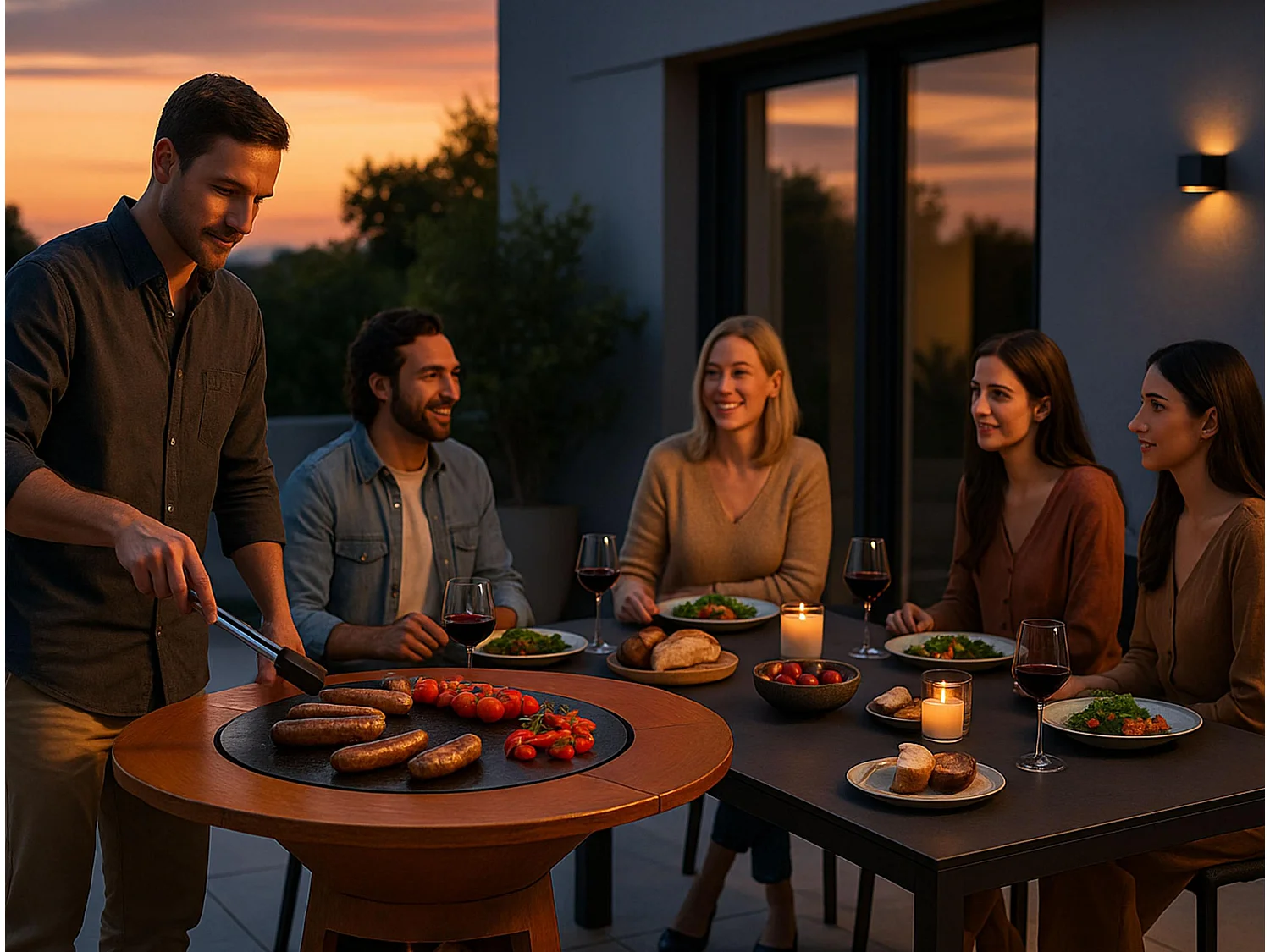 Barbecue rond avec plaque de cuisson et de gril en acier et planche en bois