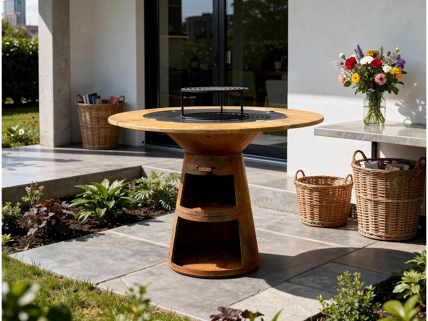 Barbecue rond avec plaque de cuisson et de gril en acier et planche en bois