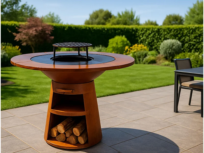 Ronde barbecue met stalen bakplaat en grillplaat en houten plank