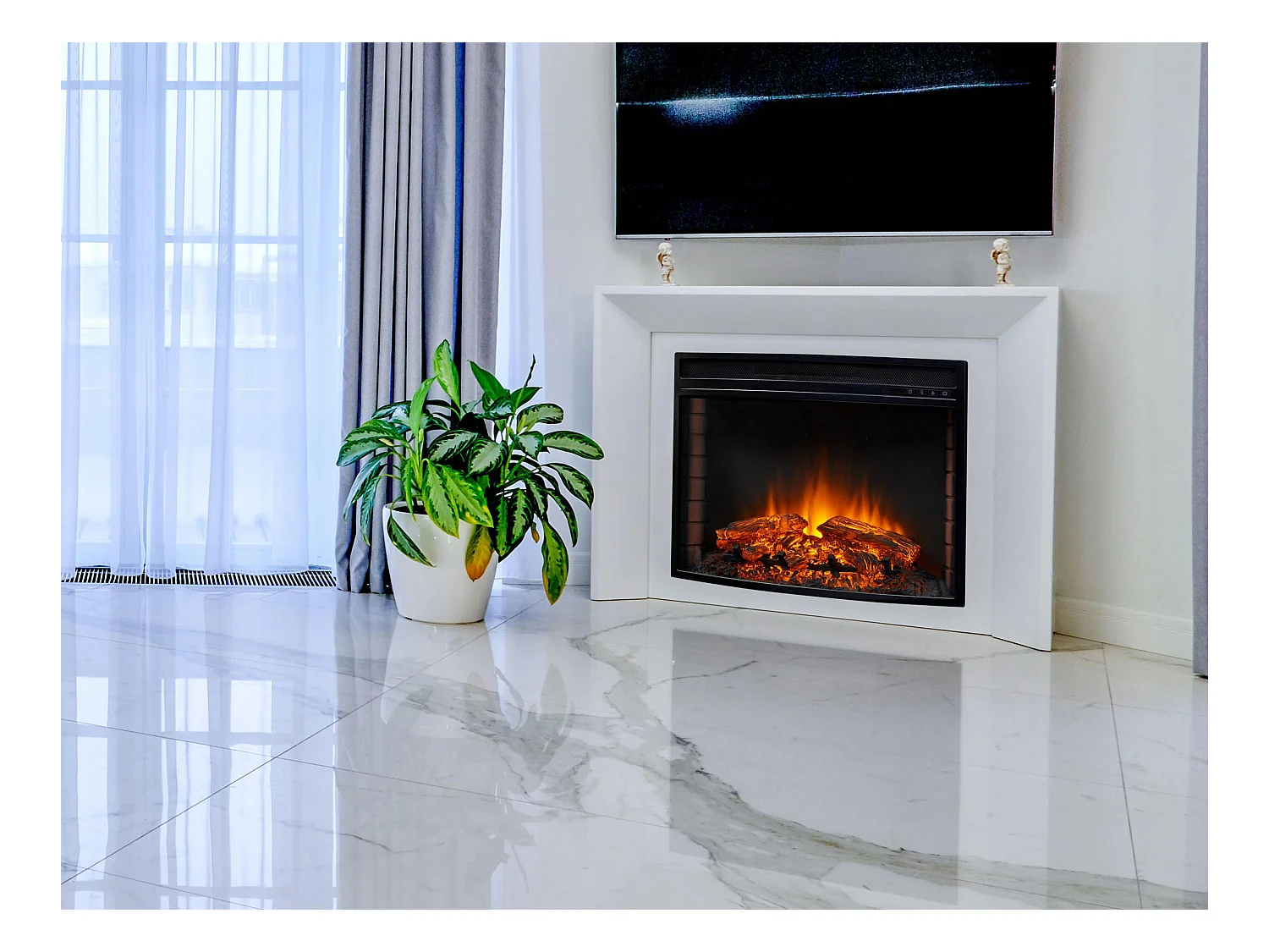 Chimenea eléctrica 2kW en cristal templado plano con mando a distancia y llama regulable