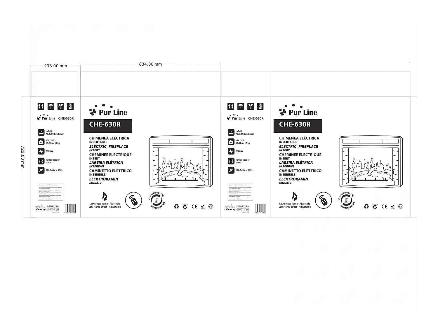 Chimenea eléctrica 2kW en cristal templado plano con mando a distancia y llama regulable