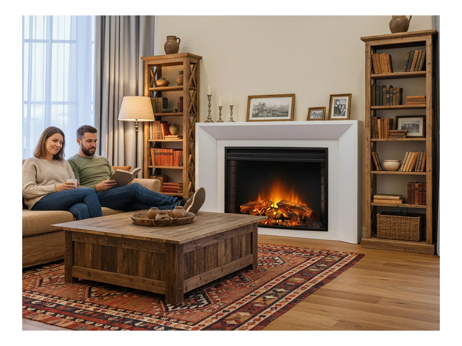 Chimenea eléctrica 2kW en cristal templado plano con mando a distancia y llama regulable