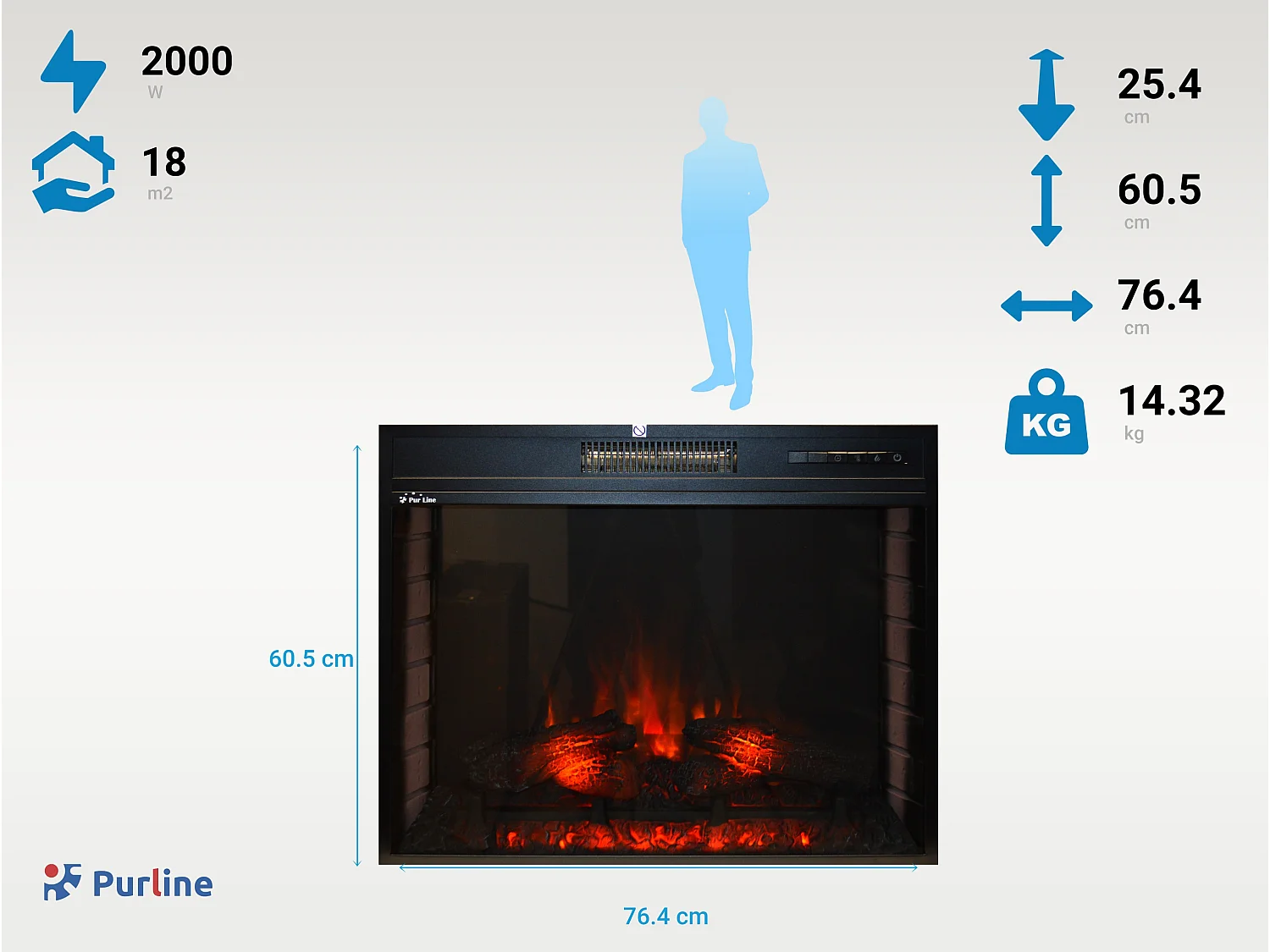 2kW elektrische haard in vlak gehard glas met afstandsbediening en regelbare vlam