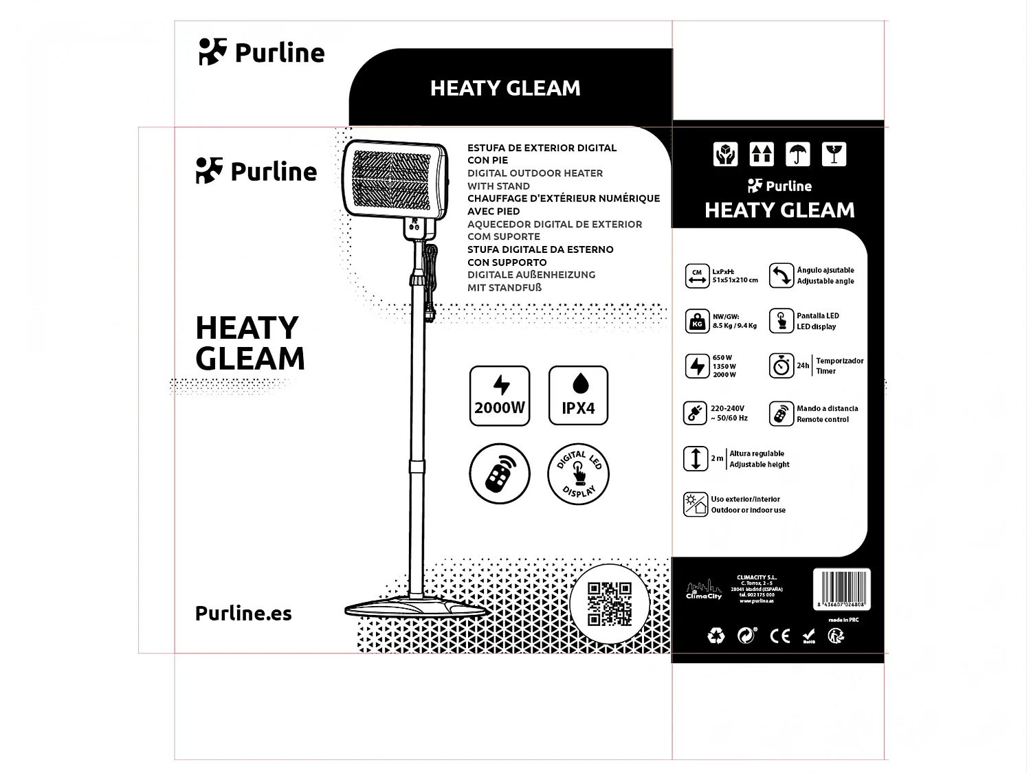 Chauffage quartz numérique d'extérieur avec pied et télécommande
