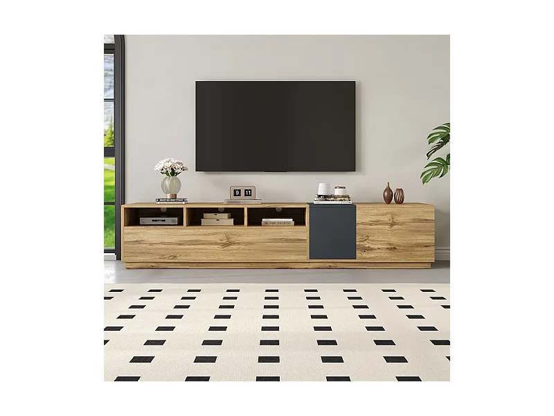 Ein moderner TV-Ständer in Kontrastfarben. Mit schlichtem, kontrastreichem Design,mit offenen Fächern und Kabelöffnungen,200 cm