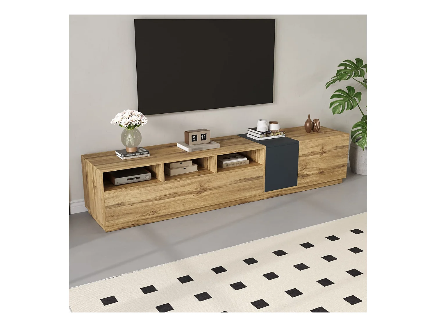 Ein moderner TV-Ständer in Kontrastfarben. Mit schlichtem, kontrastreichem Design,mit offenen Fächern und Kabelöffnungen,200 cm