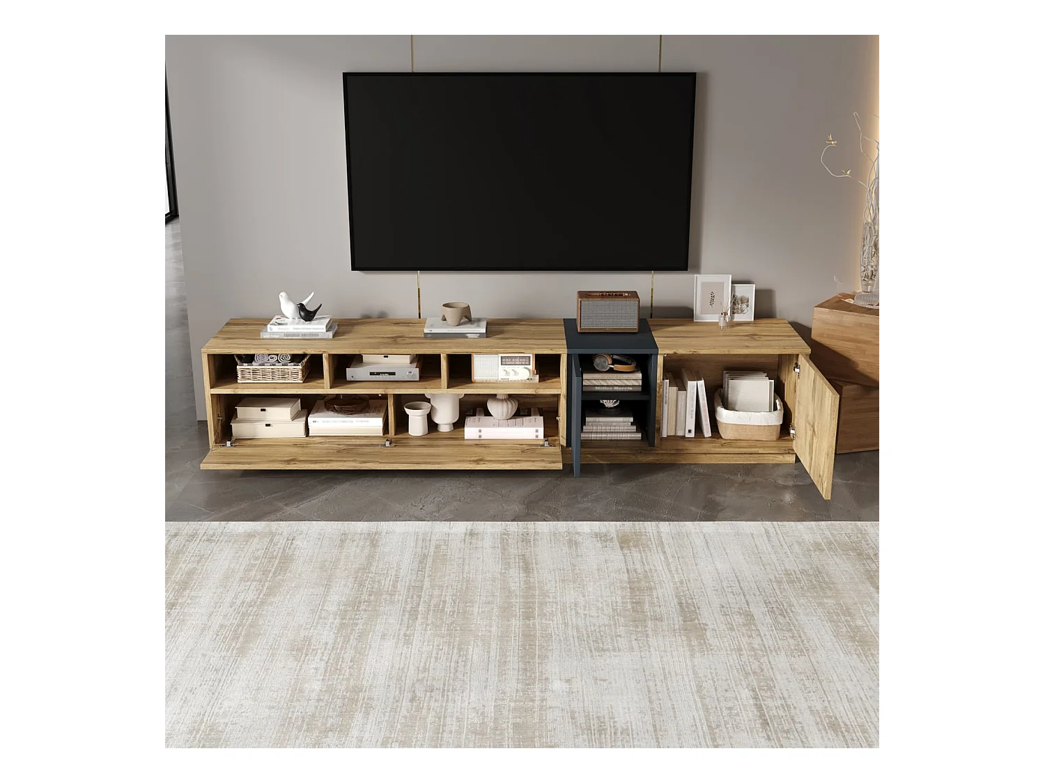 Ein moderner TV-Ständer in Kontrastfarben. Mit schlichtem, kontrastreichem Design,mit offenen Fächern und Kabelöffnungen,200 cm