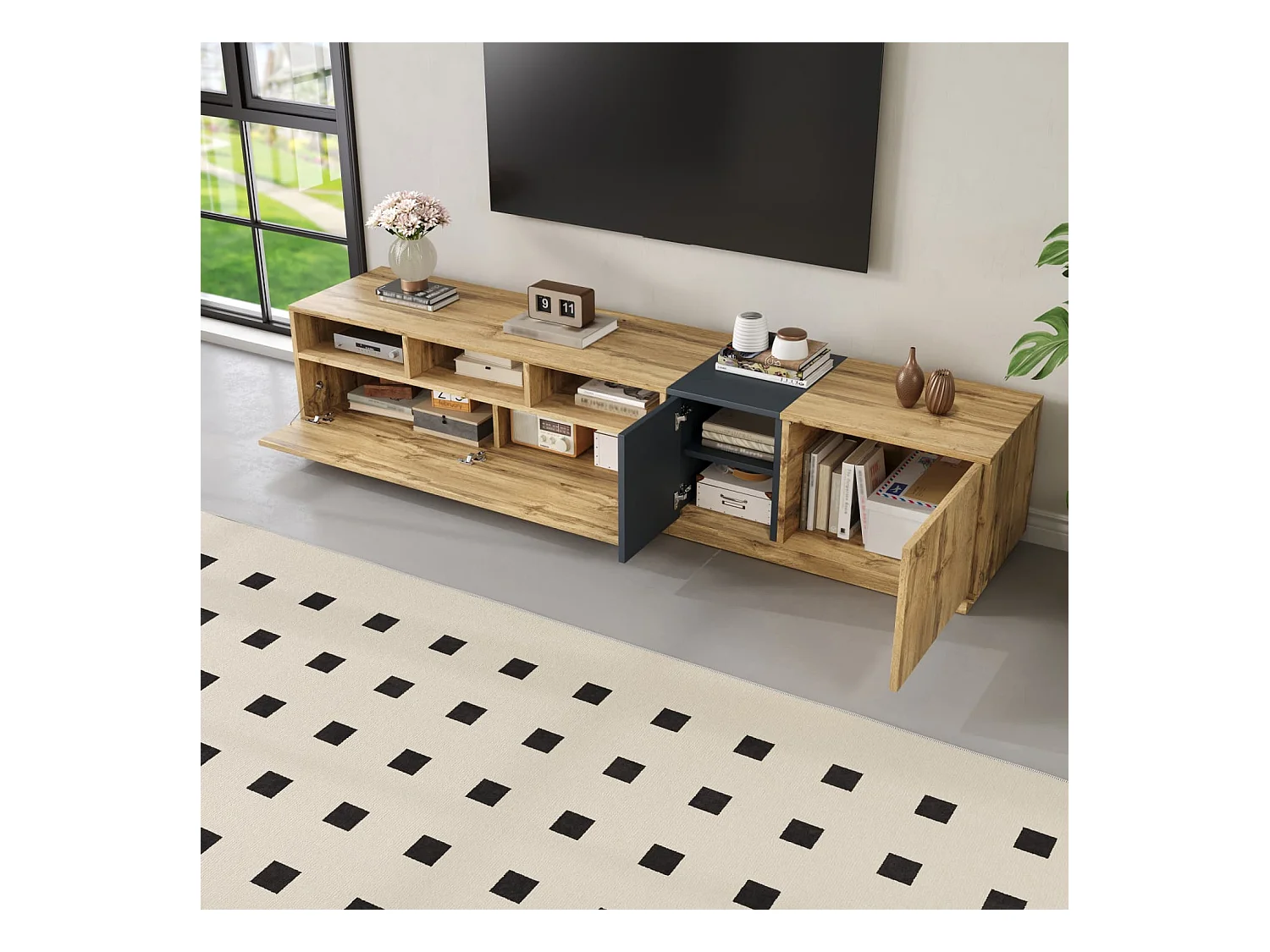 Ein moderner TV-Ständer in Kontrastfarben. Mit schlichtem, kontrastreichem Design,mit offenen Fächern und Kabelöffnungen,200 cm