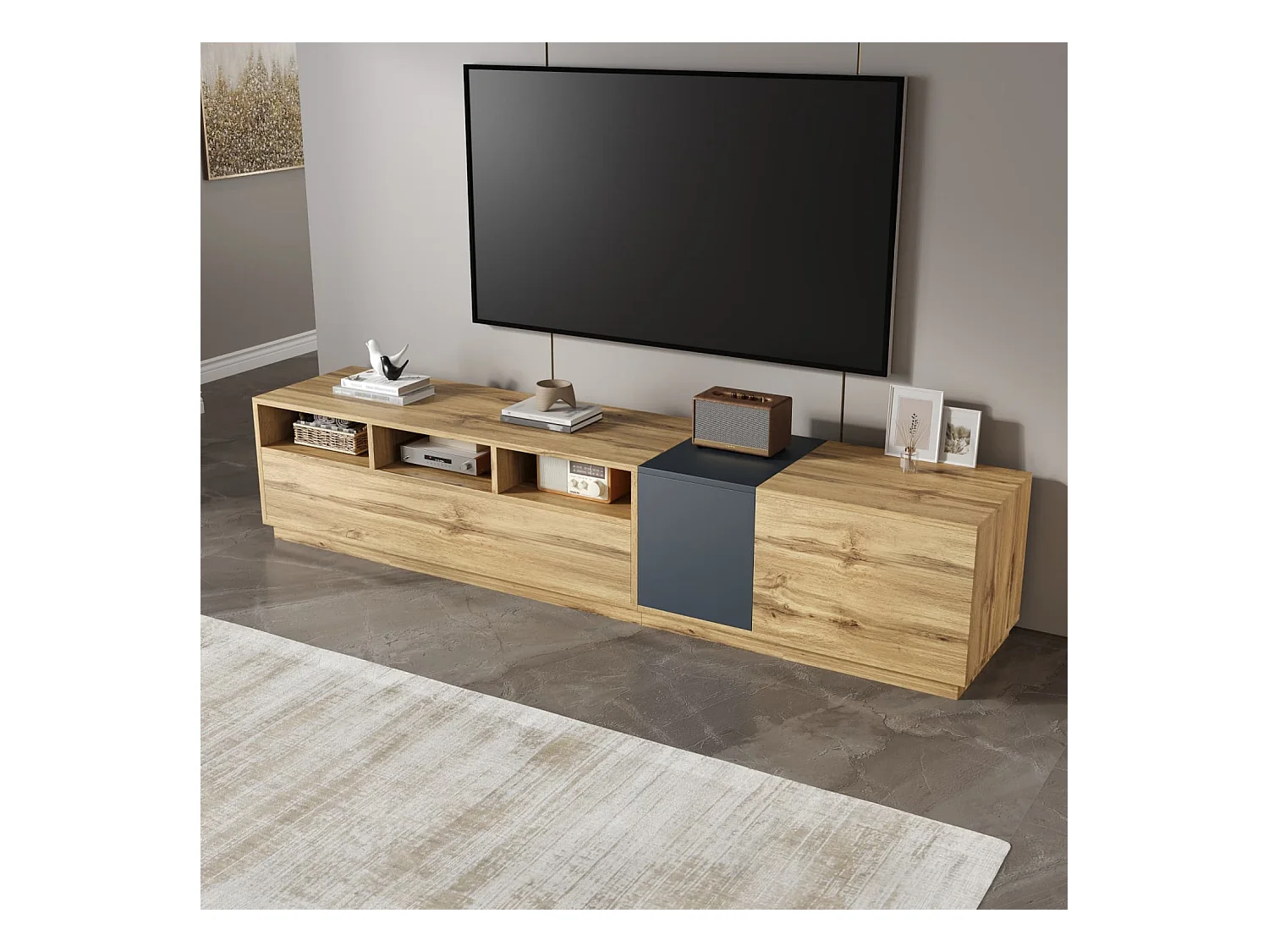 Ein moderner TV-Ständer in Kontrastfarben. Mit schlichtem, kontrastreichem Design,mit offenen Fächern und Kabelöffnungen,200 cm